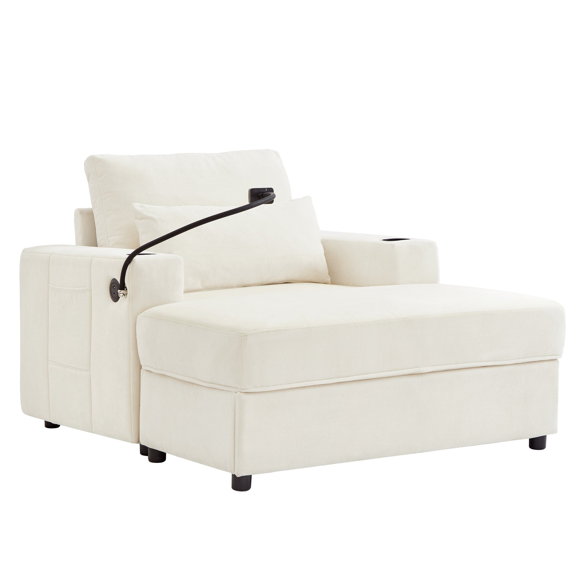 Modern Style Armchair Chaise Lounge Sofa Couch With Movable Storage Ottoman, USB Ports, Cup Holders, Phone Holder Chenille - Beige - Image 15