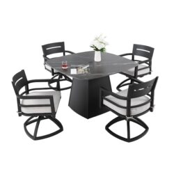 5 Piece Outdoor Pedestal Dining Set, Rounded Square Table With Flared Base And 4 Swivel Rockers - Ember Black