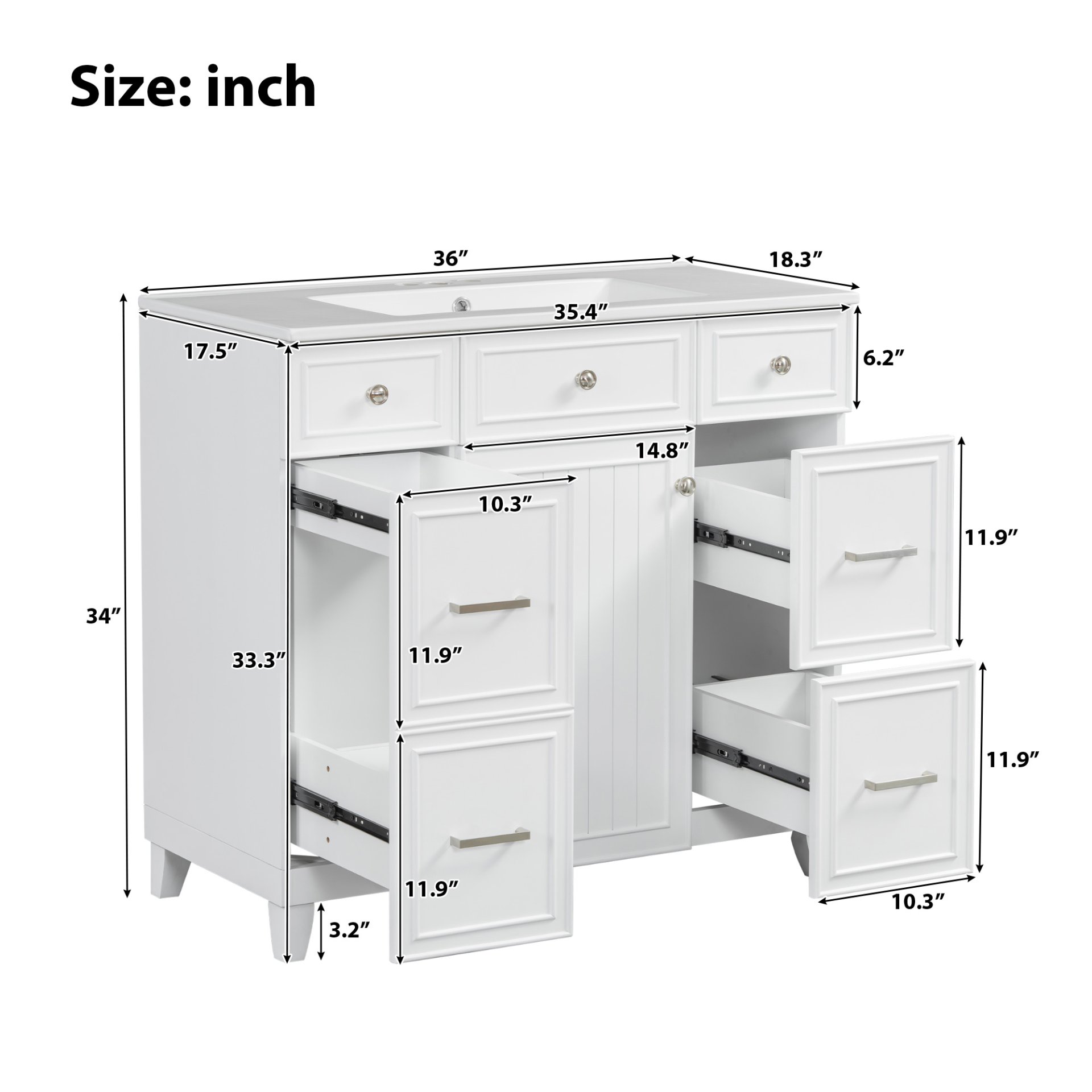36" Bathroom Vanity With Sink, Soft Close Doors, And Adjustable Shelves Solid Frame - White - Image 3