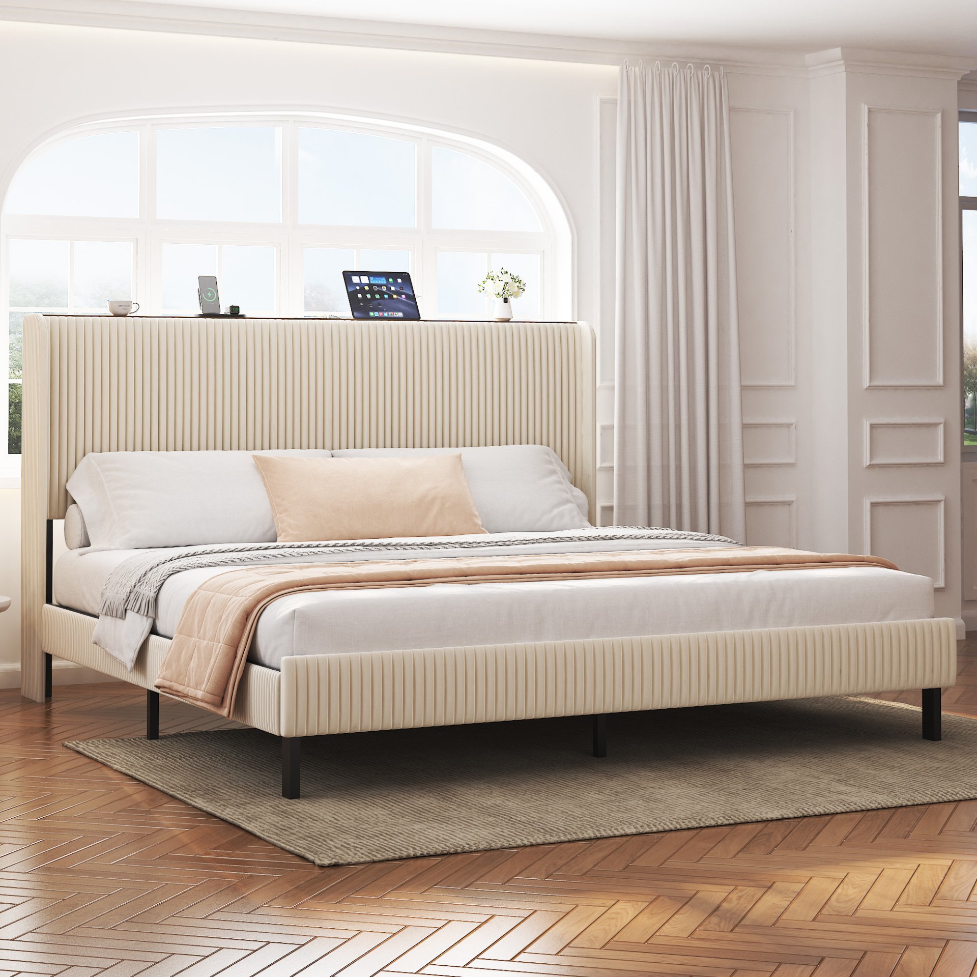 King Size Platform Bed, Metal Frame With Charging Station - Beige - Image 2