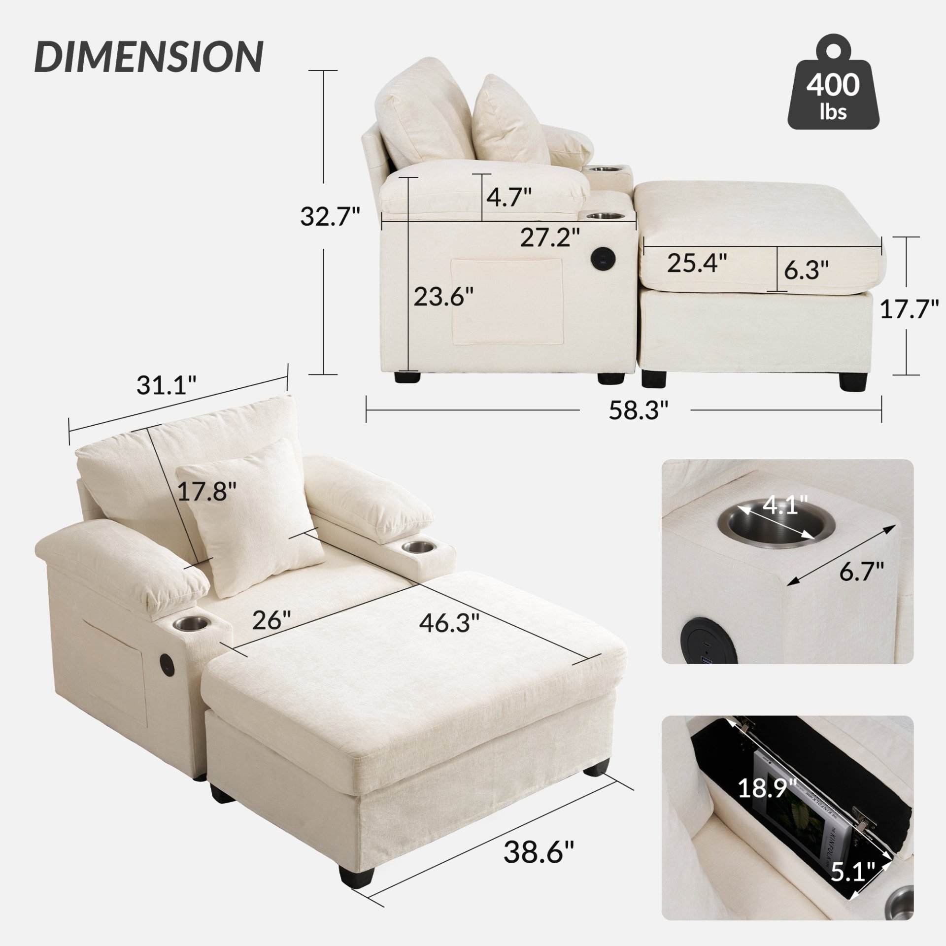 Modern Oversized Chair With Ottoman, Chenille Fabric Sofa Bed, Accent Chair Comfy Sofa With Cupholders And USB Charging Ports Chair For Living Room, Bedroom, Apartment - Beige - Image 3