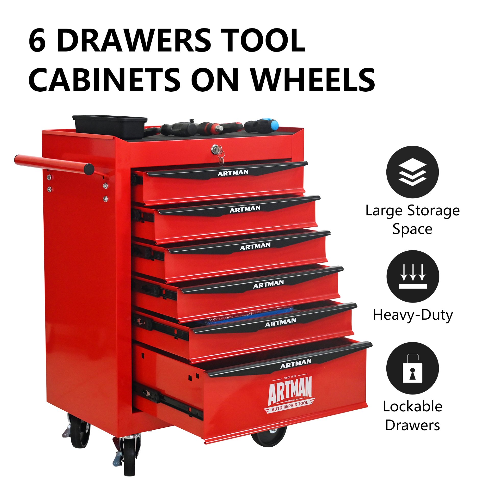 Rolling Metal Tool Chest With 6 Drawers, 20" Steel Storage Cabinet With Ball Bearing Slides - Red / Black - Image 4