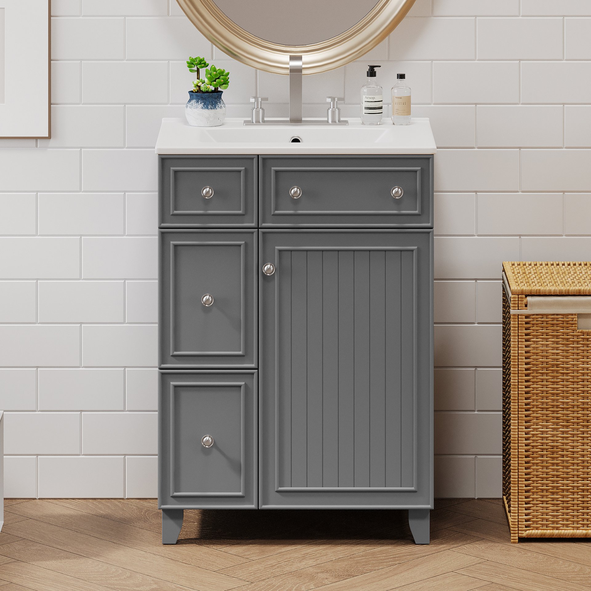 Transitional Bathroom Vanity Cabinet With Sink, 2 Drawers, 1 Soft Close Door - Gray - Image 5