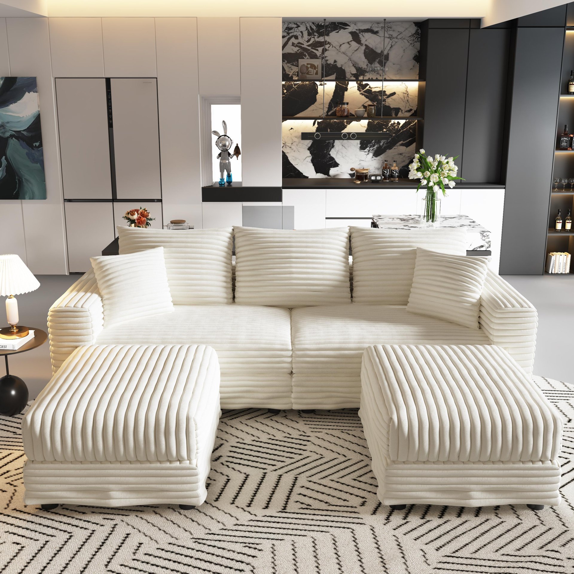3 Seat Sofa, Deep Seat Couches With Soft Pillows And 2 Ottomans, Convertible Sofa Lounge Chair, For Living Room - Beige - Image 18