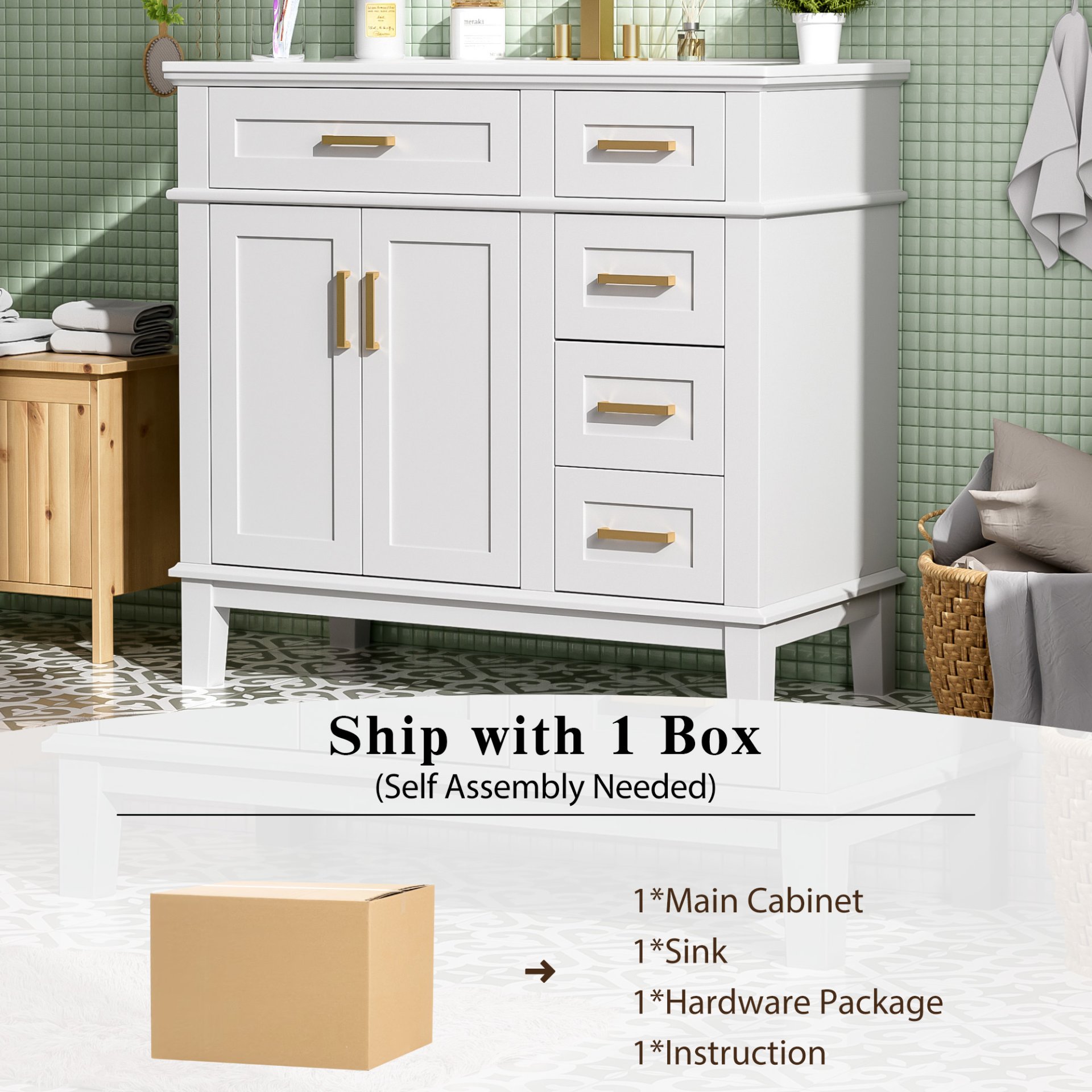 Bathroom Vanity With Sink, Soft Close Doors, And Storage Drawers, 36" - White - Image 10