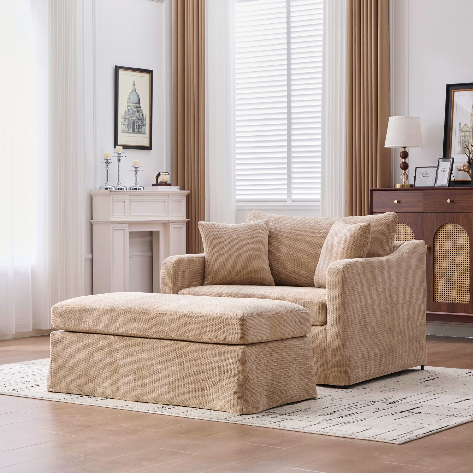 Upholstered Accent Chair With Ottoman, 2 Bolster Pillows - Wheat - Image 9