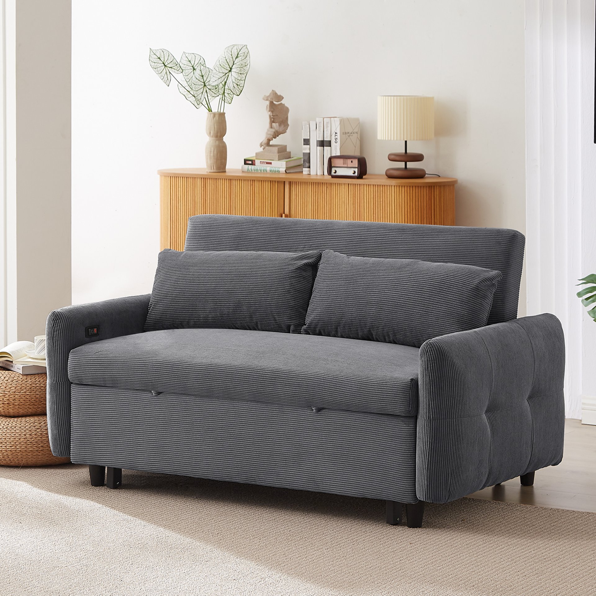 Pull Out Sofa Bed Convertible Couch 2 Seat Loveseat Sofa Modern Sleeper Sofa With 2 Throw Pillows And USB Ports For Living Room - Dark Gray - Image 10