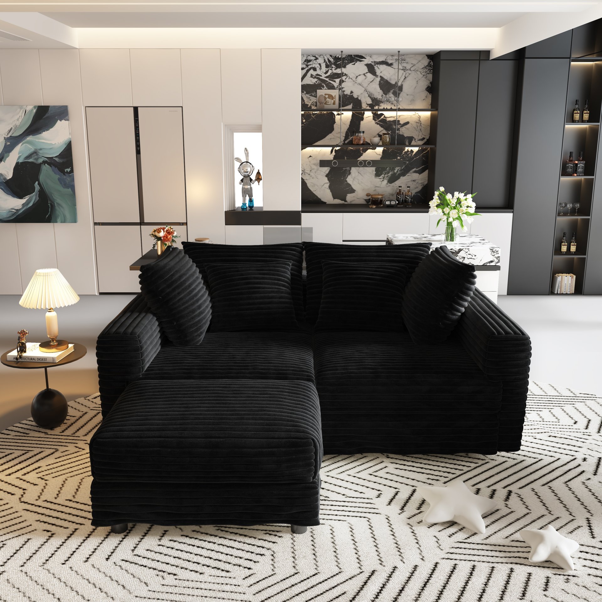 4 Seat Sofa, Deep Seat Couches With Soft Pillows And Movable Ottoman, Convertible Sofa Lounge Chair, For Living Room - Black - Image 10