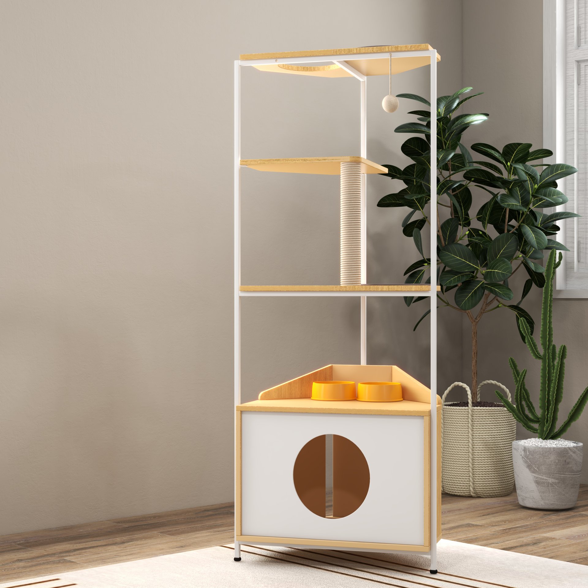 Corner Cat Tower, Cat Tree With Scratching Post, Cat Condo With Feeding Station And Climbing Platforms, Pet Furniture For Indoor Cats - White / Light Oak - Image 12