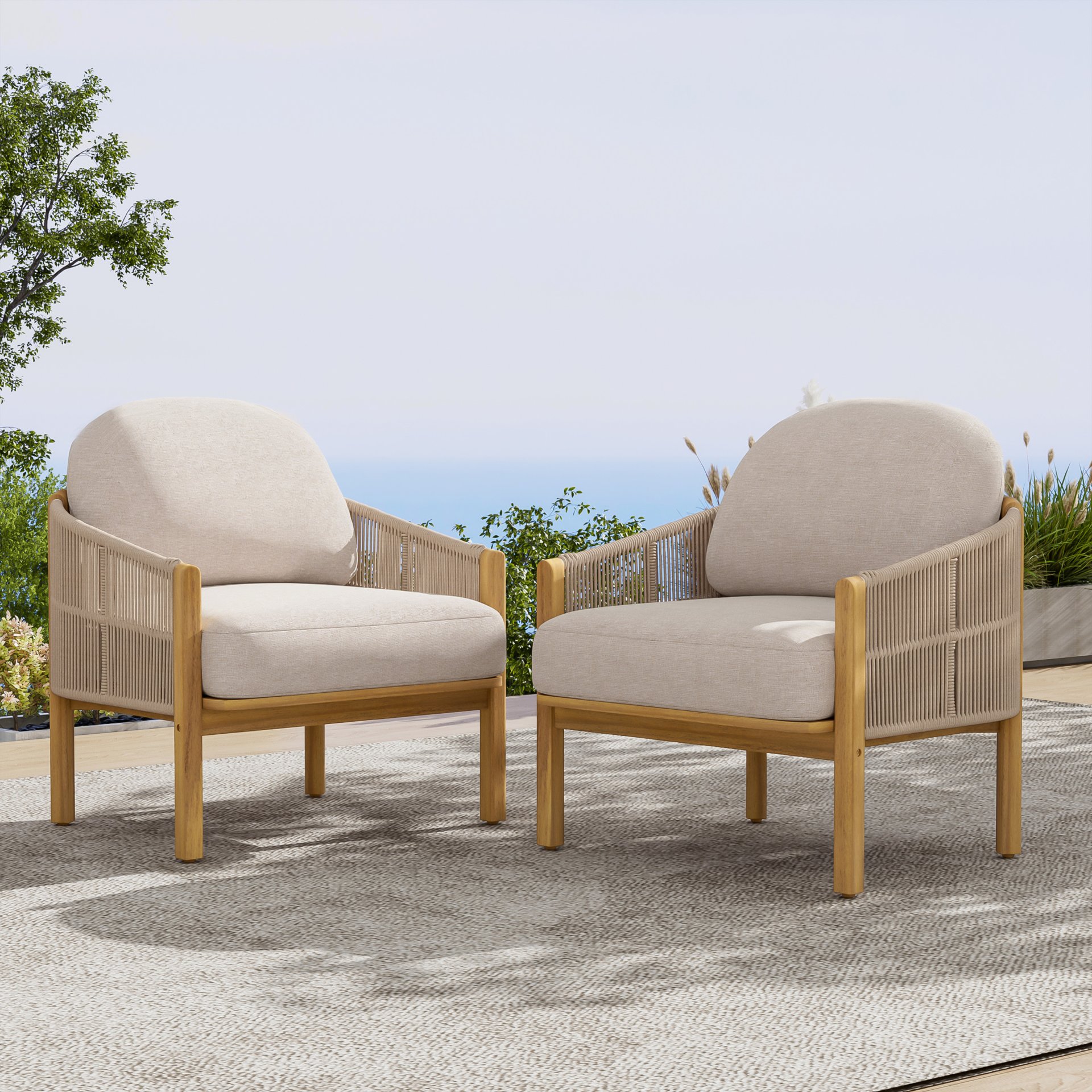 Grotta - Outdoor Wood Club Chair Set Rope With Cushion Frame - Teak / Beige - Image 2