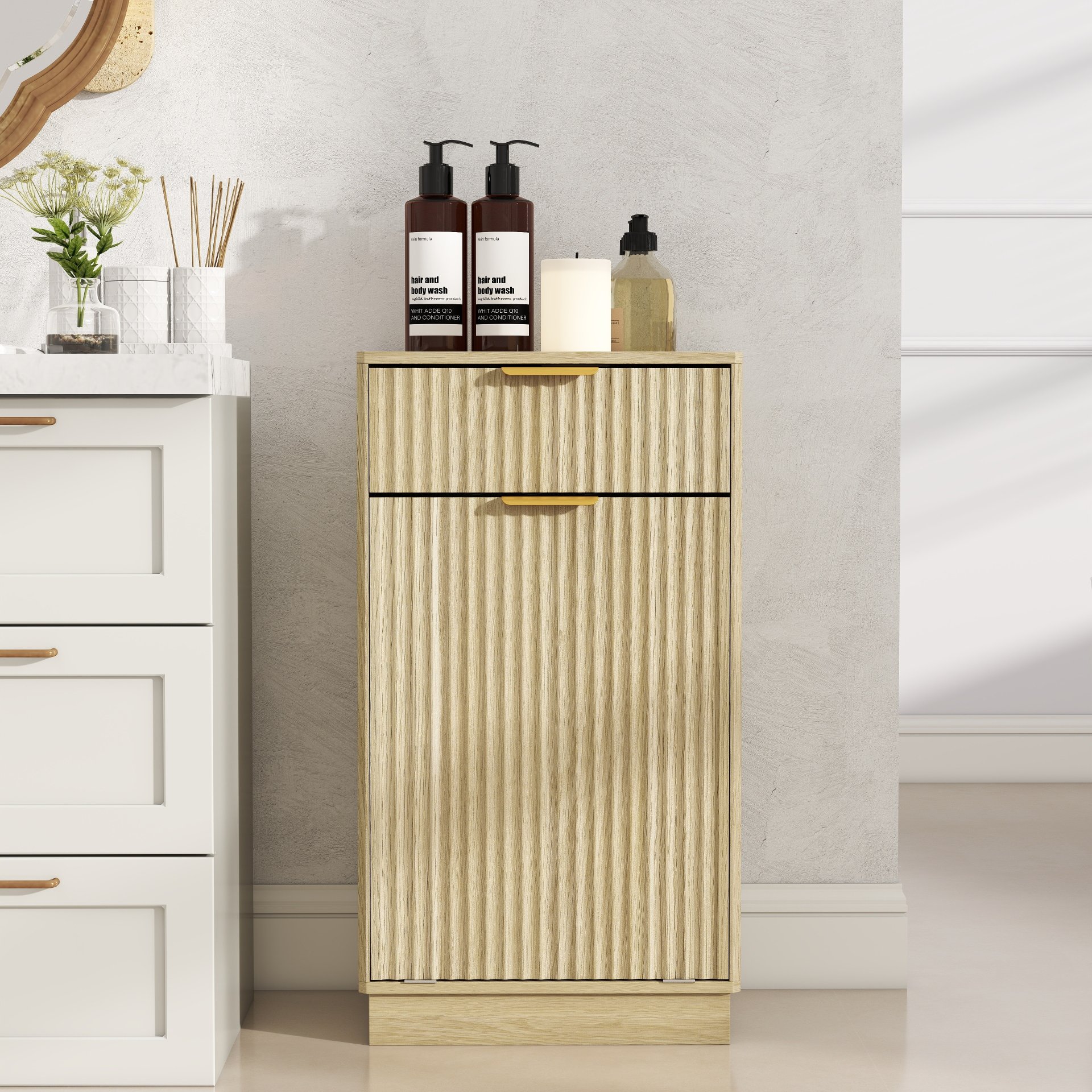 10 Gallon Tilt Out Trash Can Cabinet With Wave Textured Drawer - Oak - Image 11