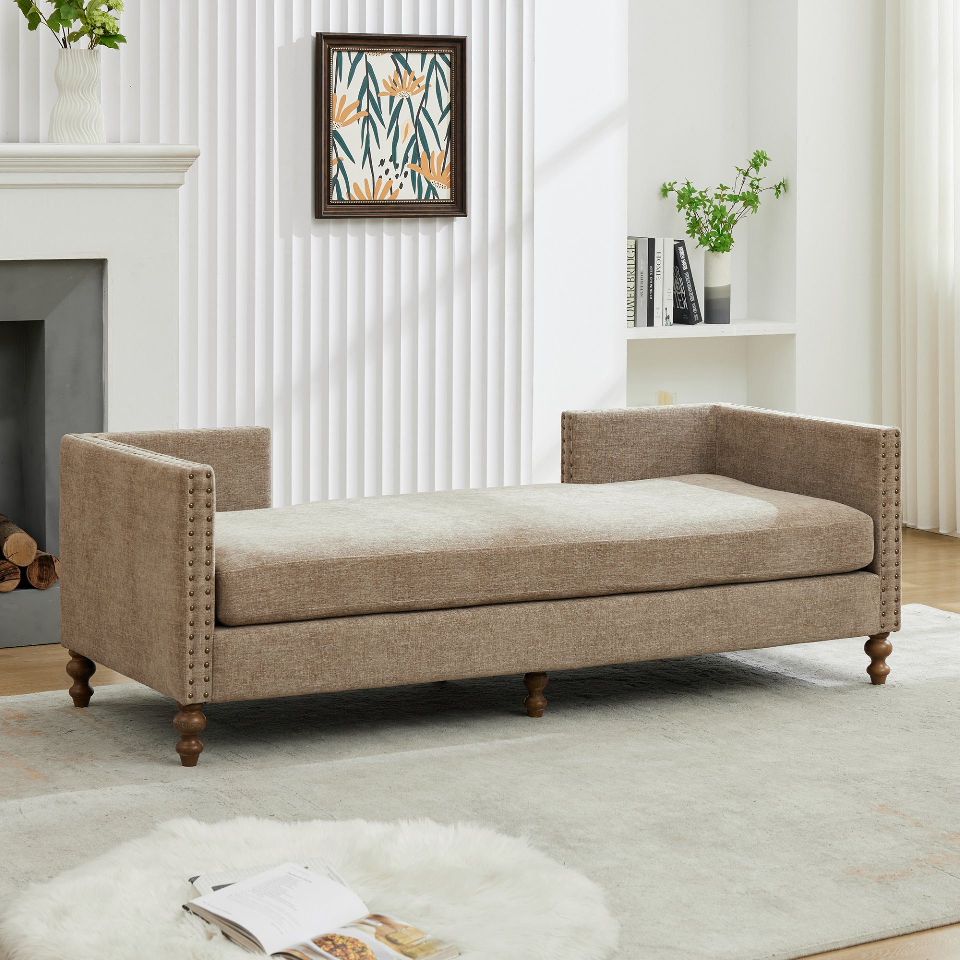 Upholstered Chaise Lounge Indoor With Nailheads, Sleeper Sofa Couch With 4 Throw Pillows & 2 Bolsters, Daybed With Rubberwood Legs - Taupe - Image 13