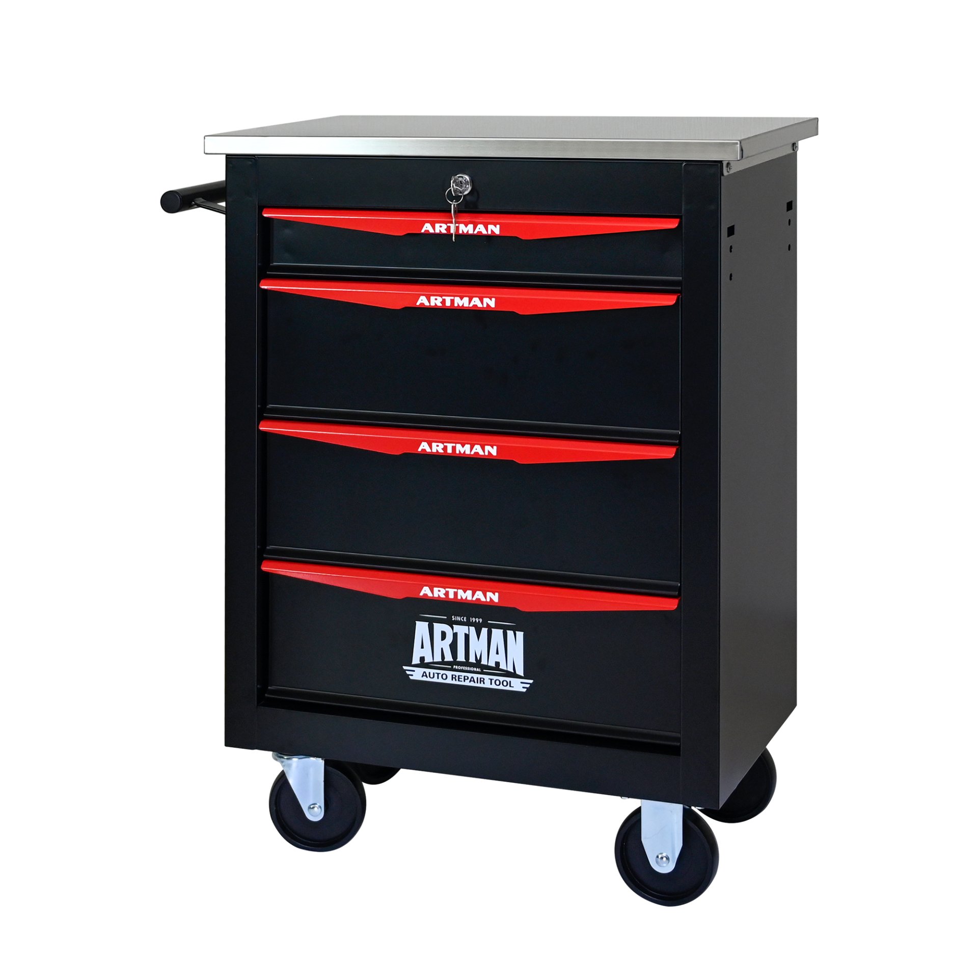 4 Drawer Multifunctional Tool Cart With Wheels, Metal Rolling Tool Cart Storage For Garage Workshop Warehouse Repair Shop With Stainless Steel Roof - Black / Red - Image 12