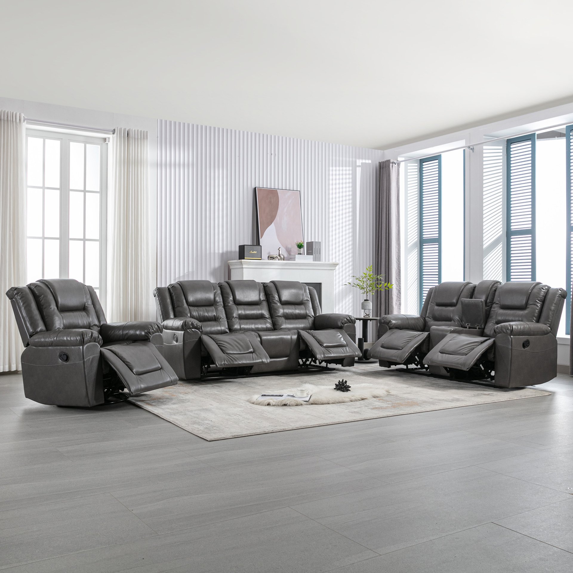 Home Theater Recliner Set Manual Recliner Chair With Wide Armrest, Two Built-In Cup Holders For Living Room - Gray - Image 13
