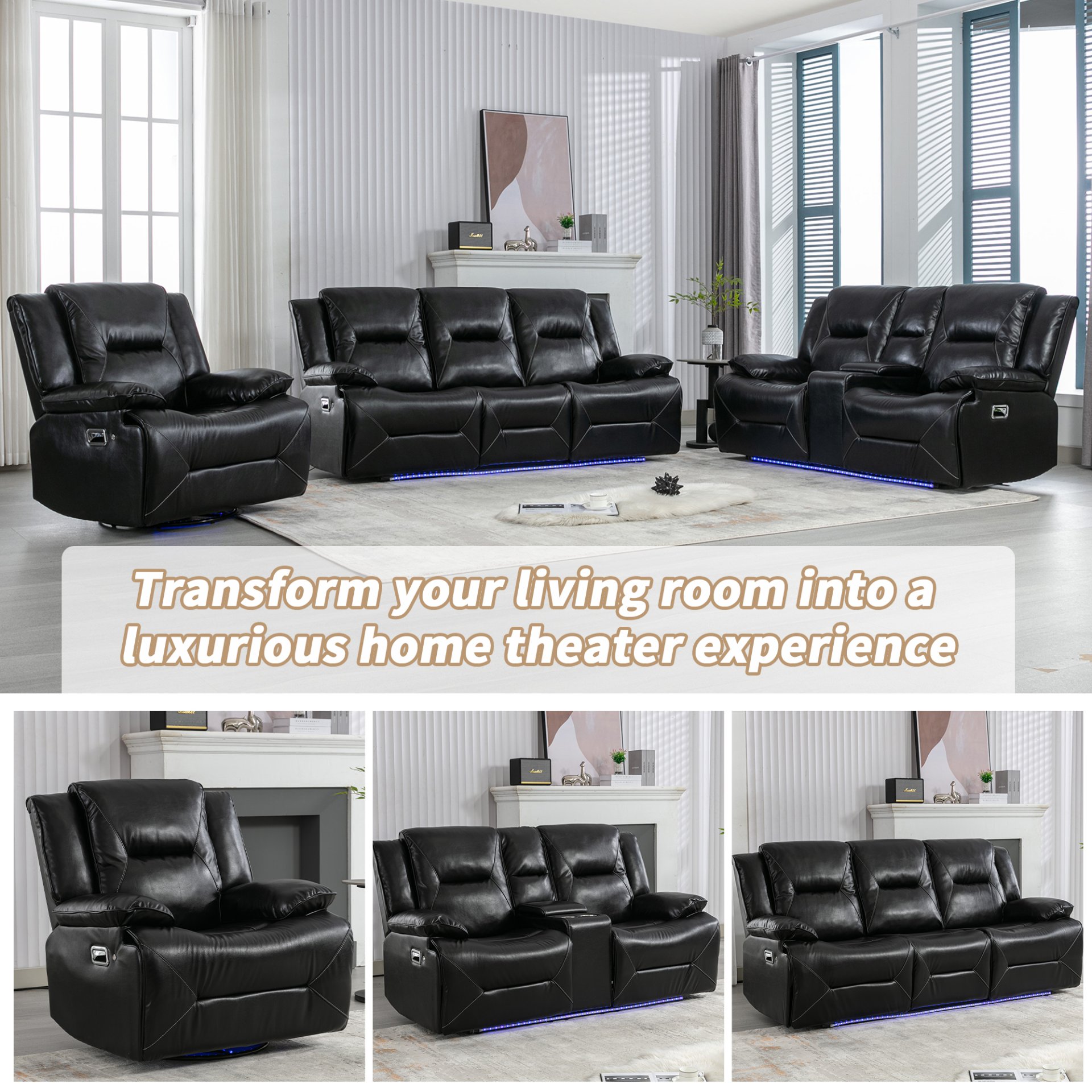 3 Seater Home Theater Recliner Manual Recliner Chair With A Led Light Strip Two Built-In Cup Holders For Living Room - Black - Image 7