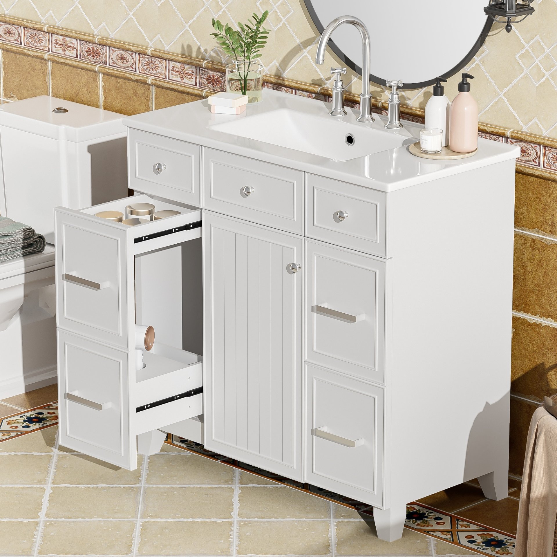 36" Bathroom Vanity With Sink, Soft Close Doors, And Adjustable Shelves Solid Frame - White - Image 5