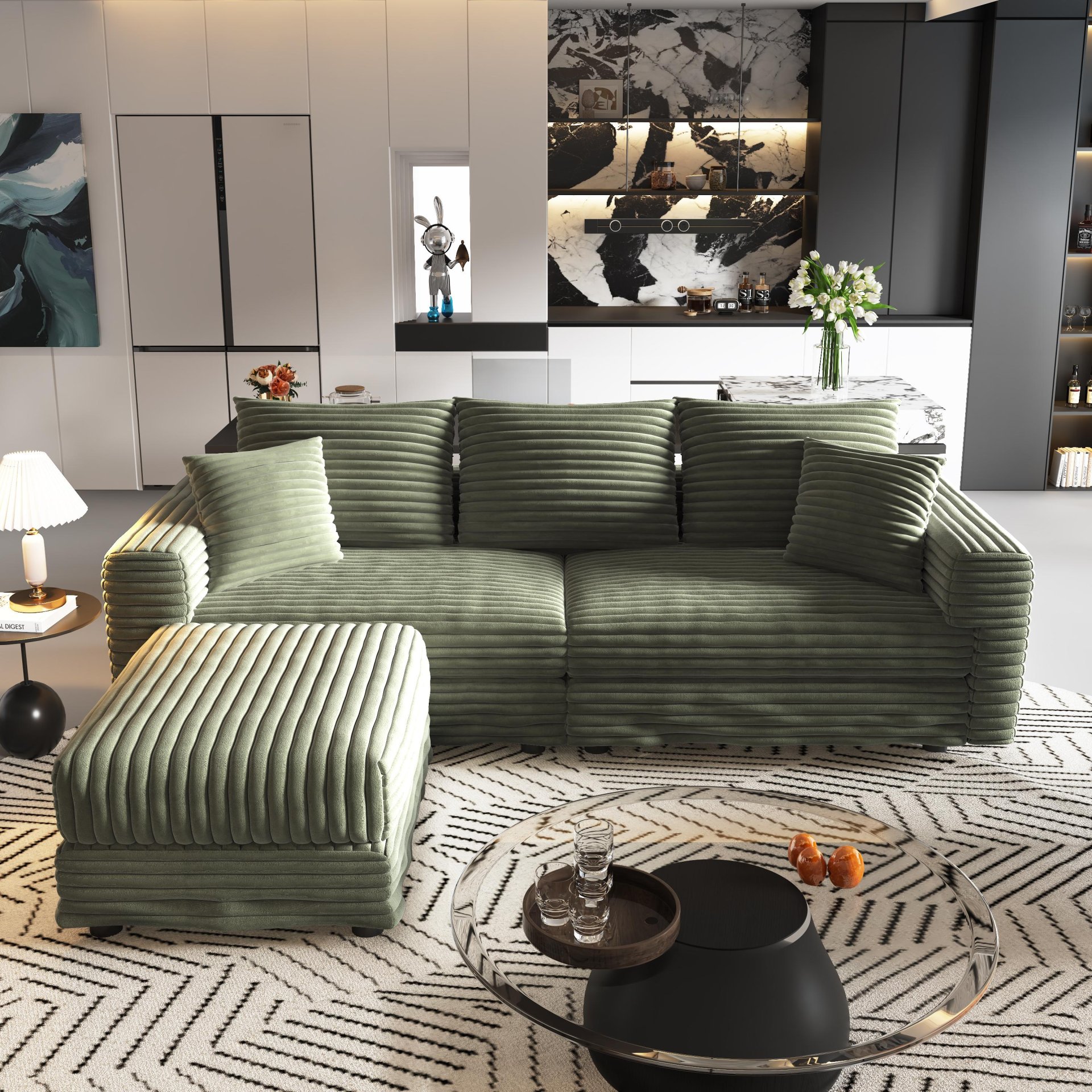 3 Seat Sofa, Deep Seat Couches With Soft Pillows And 1 Ottomans, Convertible Sofa Lounge Chair, For Living Room - Green - Image 7