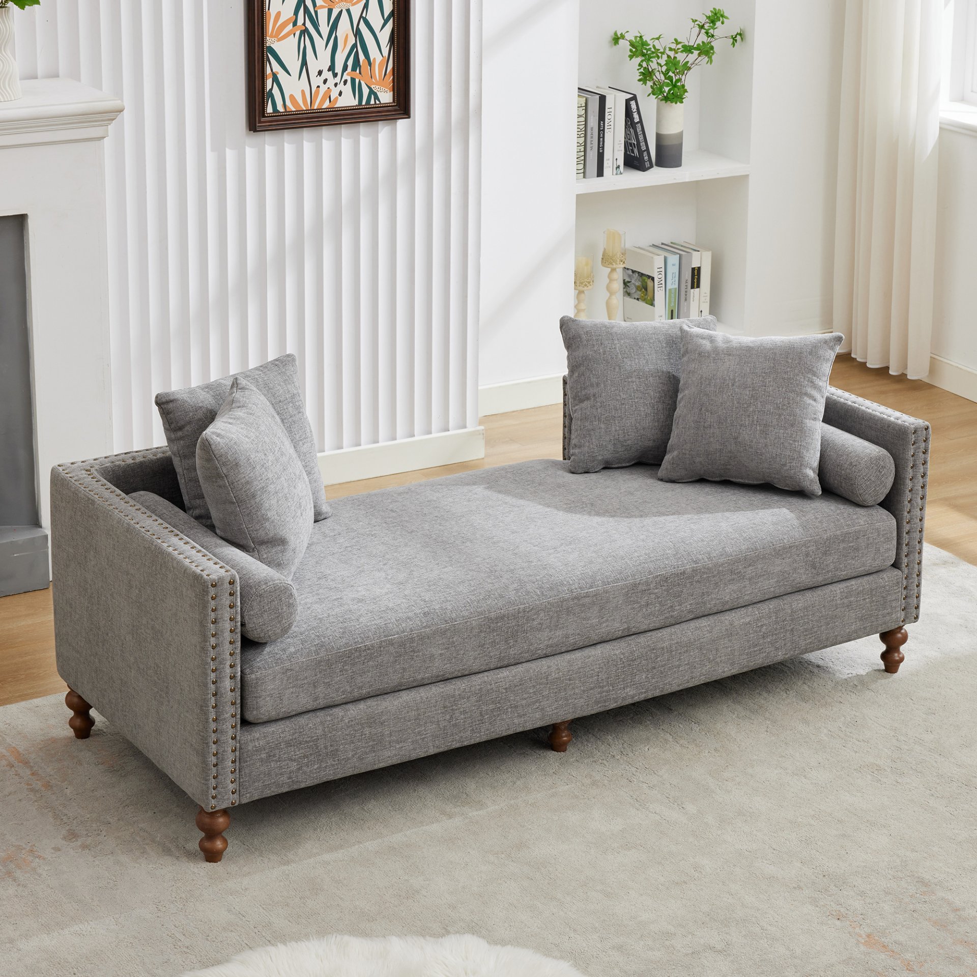 Chenille Upholstered Chaise Lounge With Nailheads And Rubberwood Legs, Wide Sleeper Sofa With 4 Throw Pillows & 2 Bolsters - Gray - Image 2