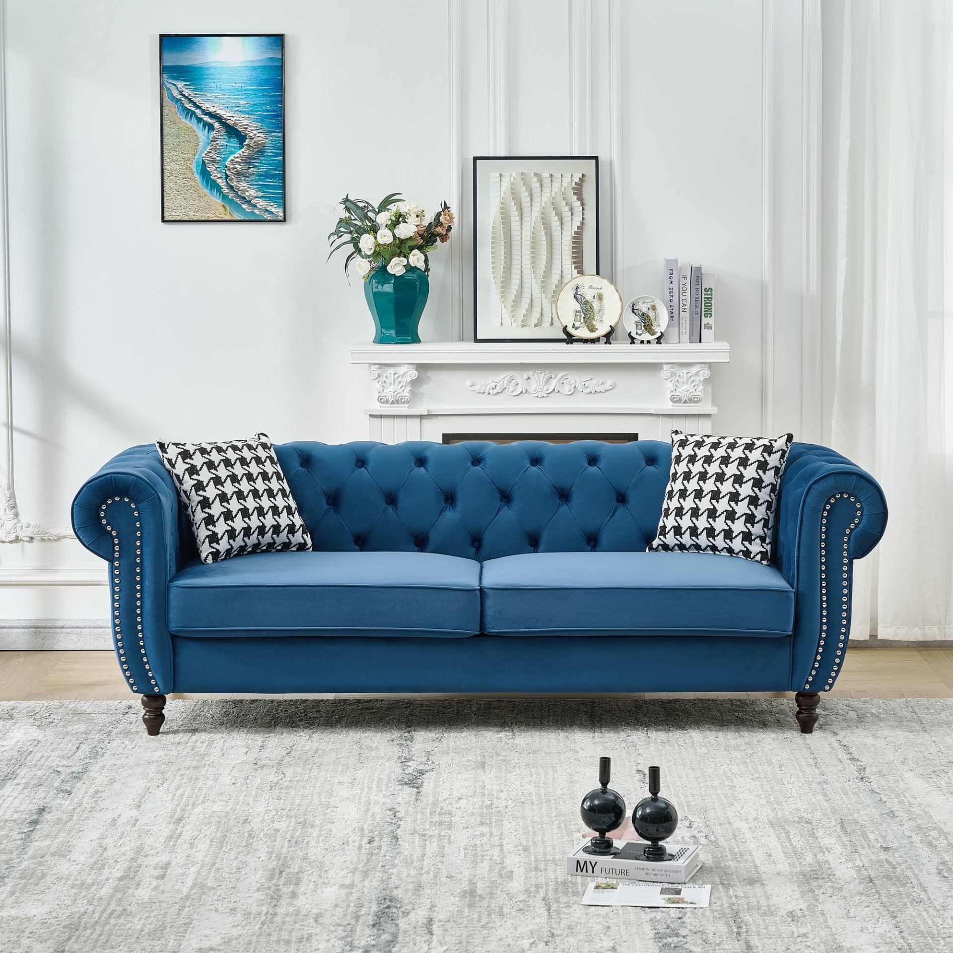 Chesterfield Sofa With Roll Armrest & Nailhead, 3 And 3 Seater Couch - Blue - Image 6