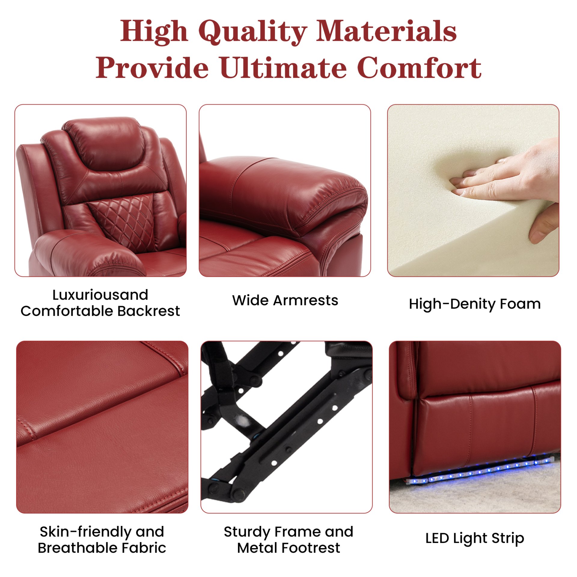 3 Pieces Recliner Sofa Sets Home Theater Seating Manual Recliner Chair With Center Console And Led Light Strip For Living Room - Wind Red - Image 9