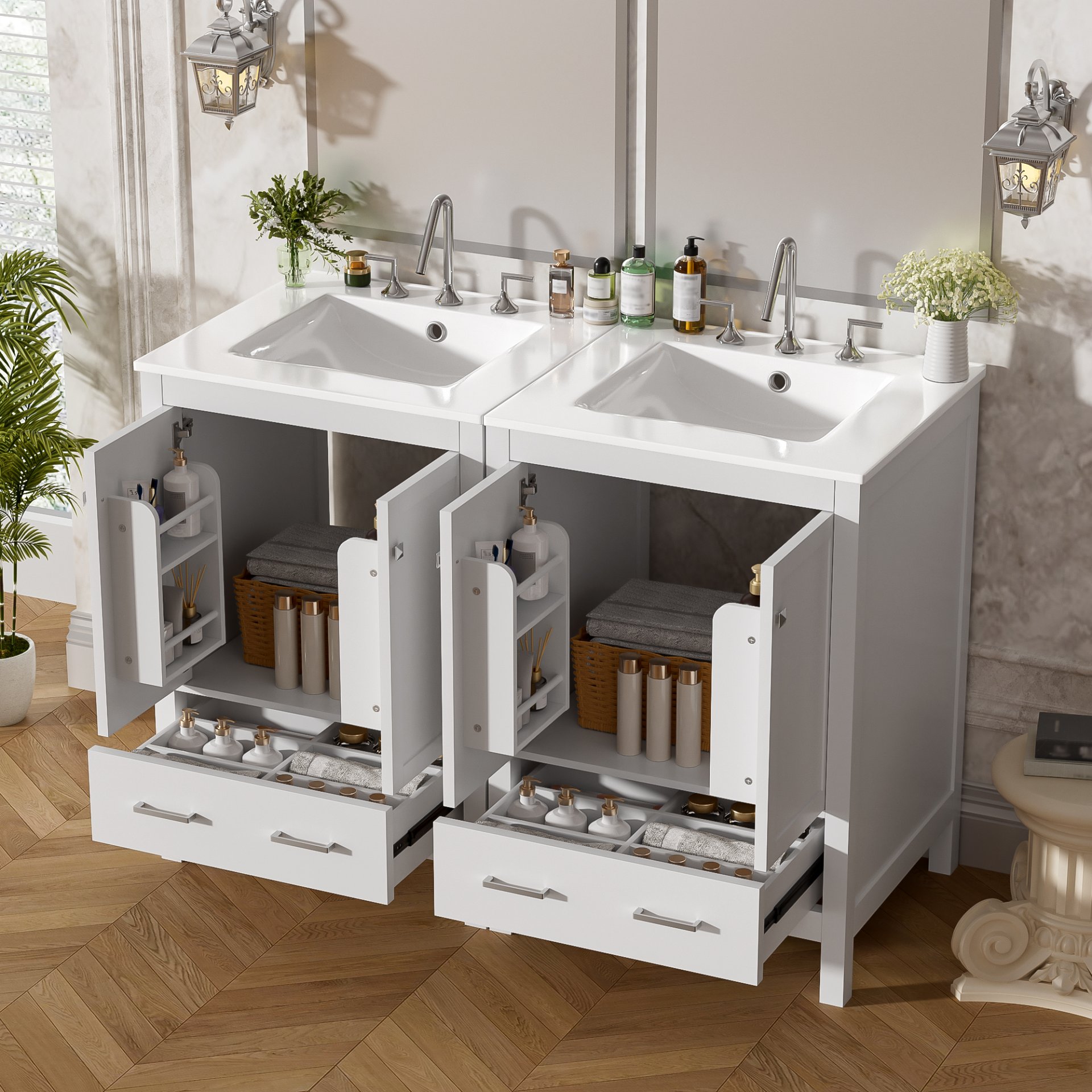 Bathroom Vanity With Integrated Undermount Sinks, Soft Close Doors, Divided Drawer, And Double Layer Shelf - White - Image 5