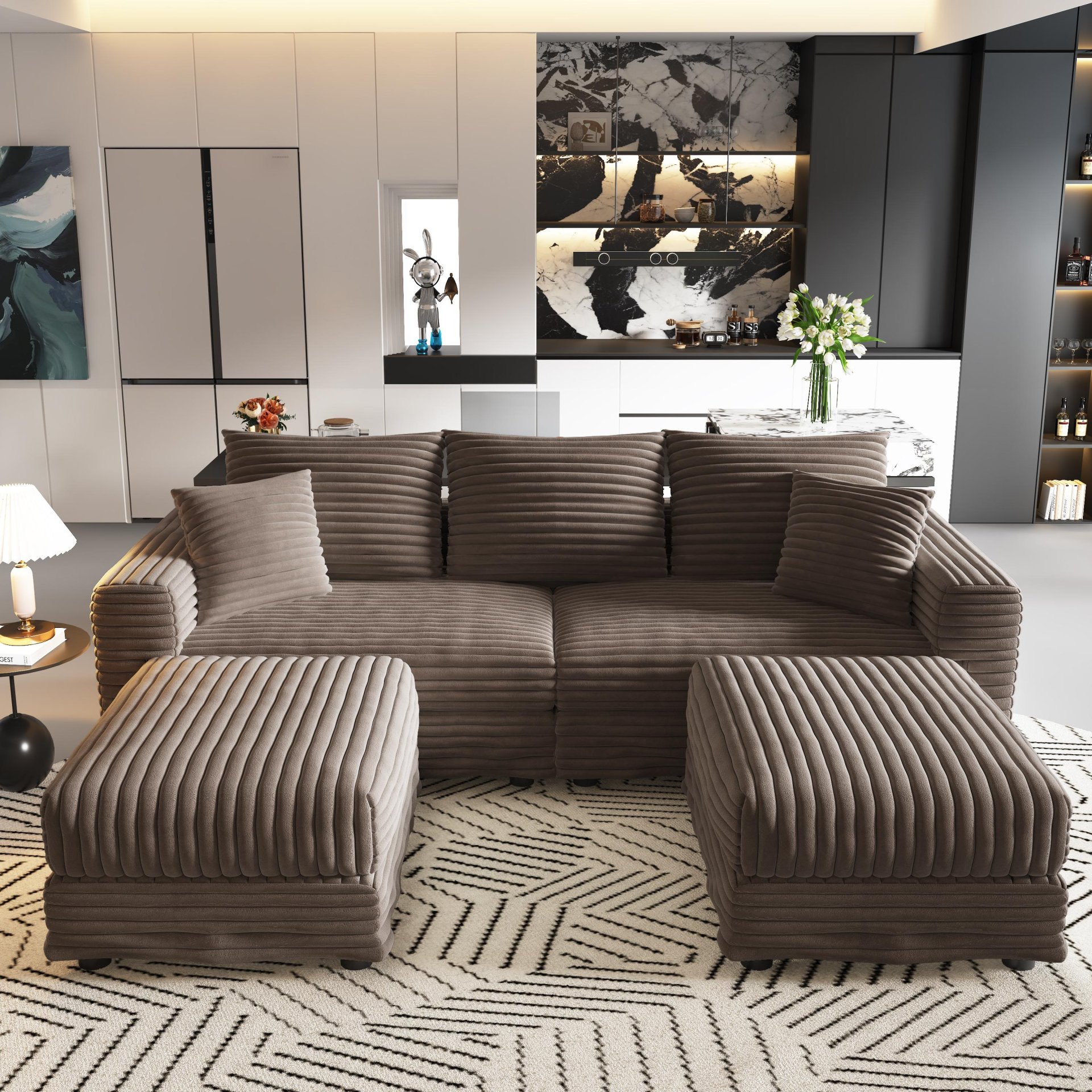 3 Seat Sofa, Deep Seat Couches With Soft Pillows And 2 Ottomans, Convertible Sofa Lounge Chair, For Living Room - Camel - Image 13