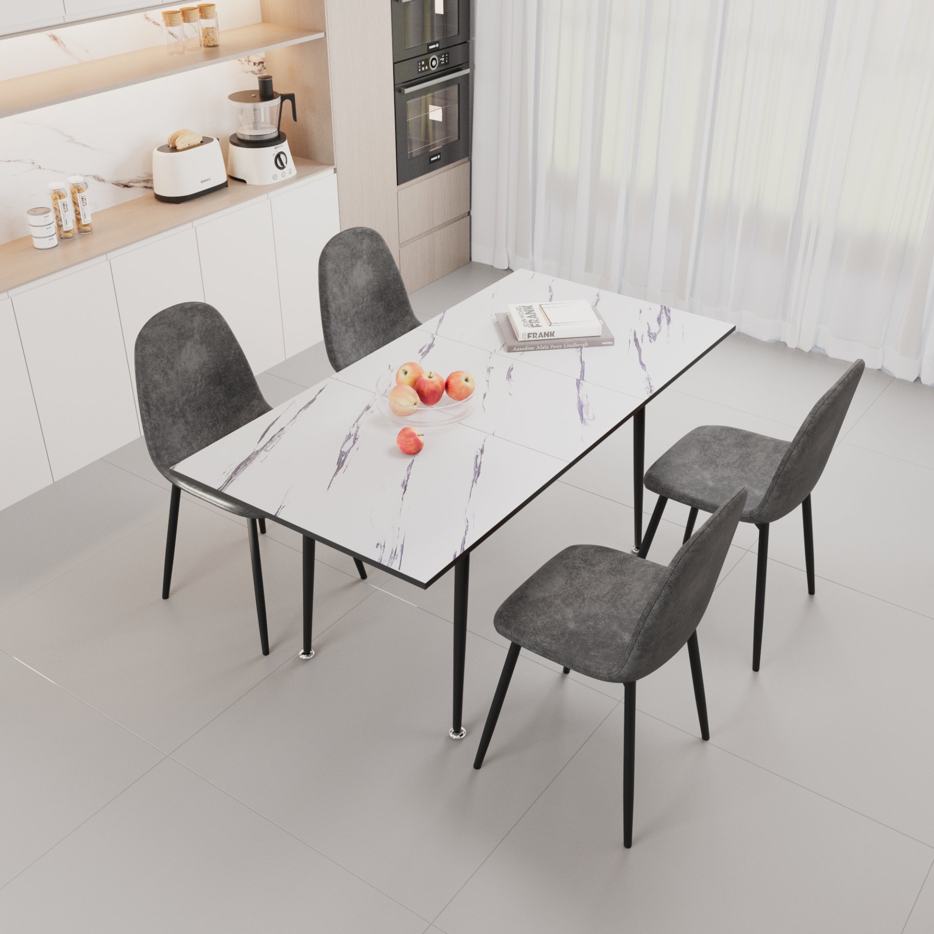 Modern Extendable Dining Table And Chair Set With Metal Base And Suede Chairs, 4 Piece - Gray / White - Image 4