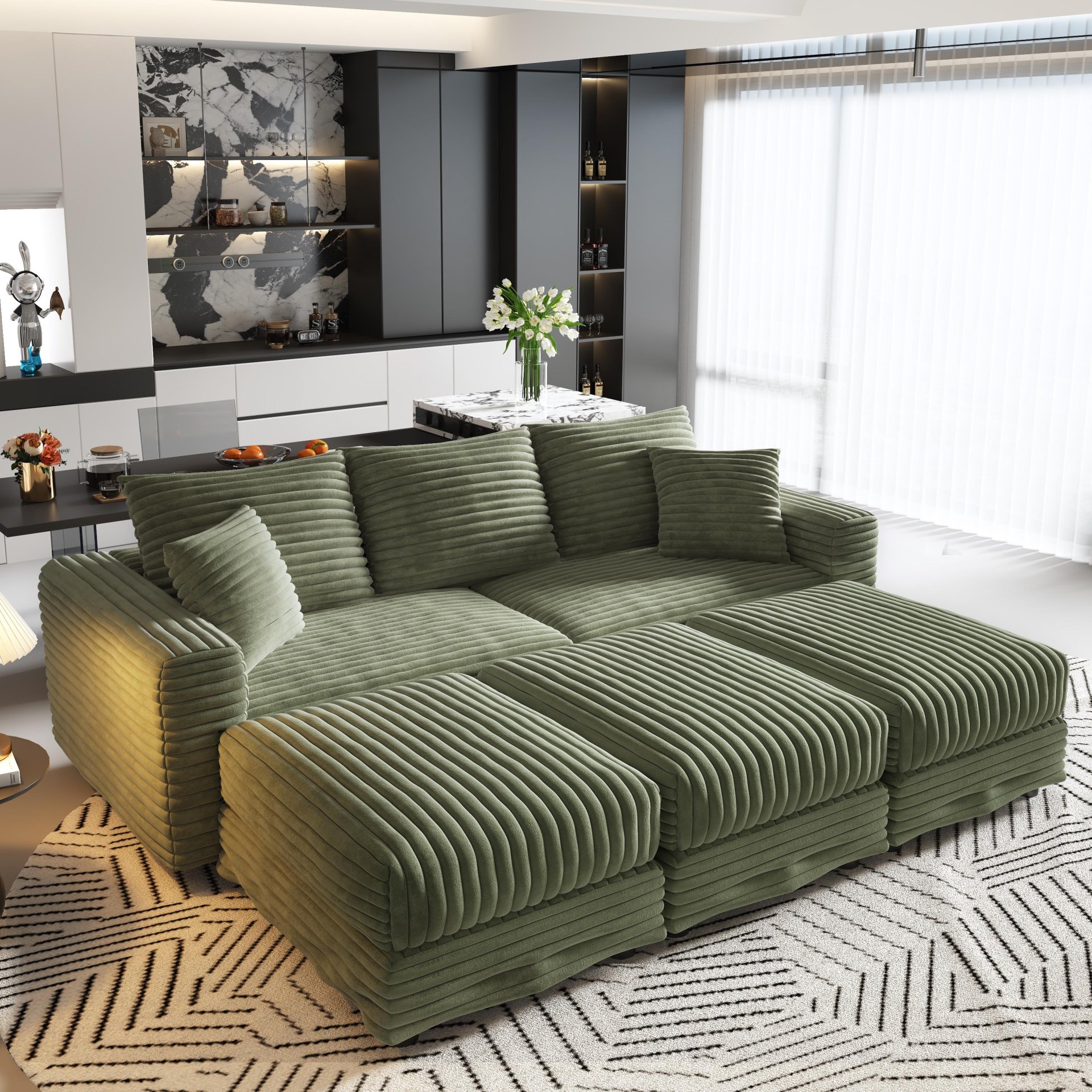 3 Seat Sofa, Deep Seat Couches With Soft Pillows And 3 Ottomans, Convertible Sofa Lounge Chair, For Living Room - Green - Image 9