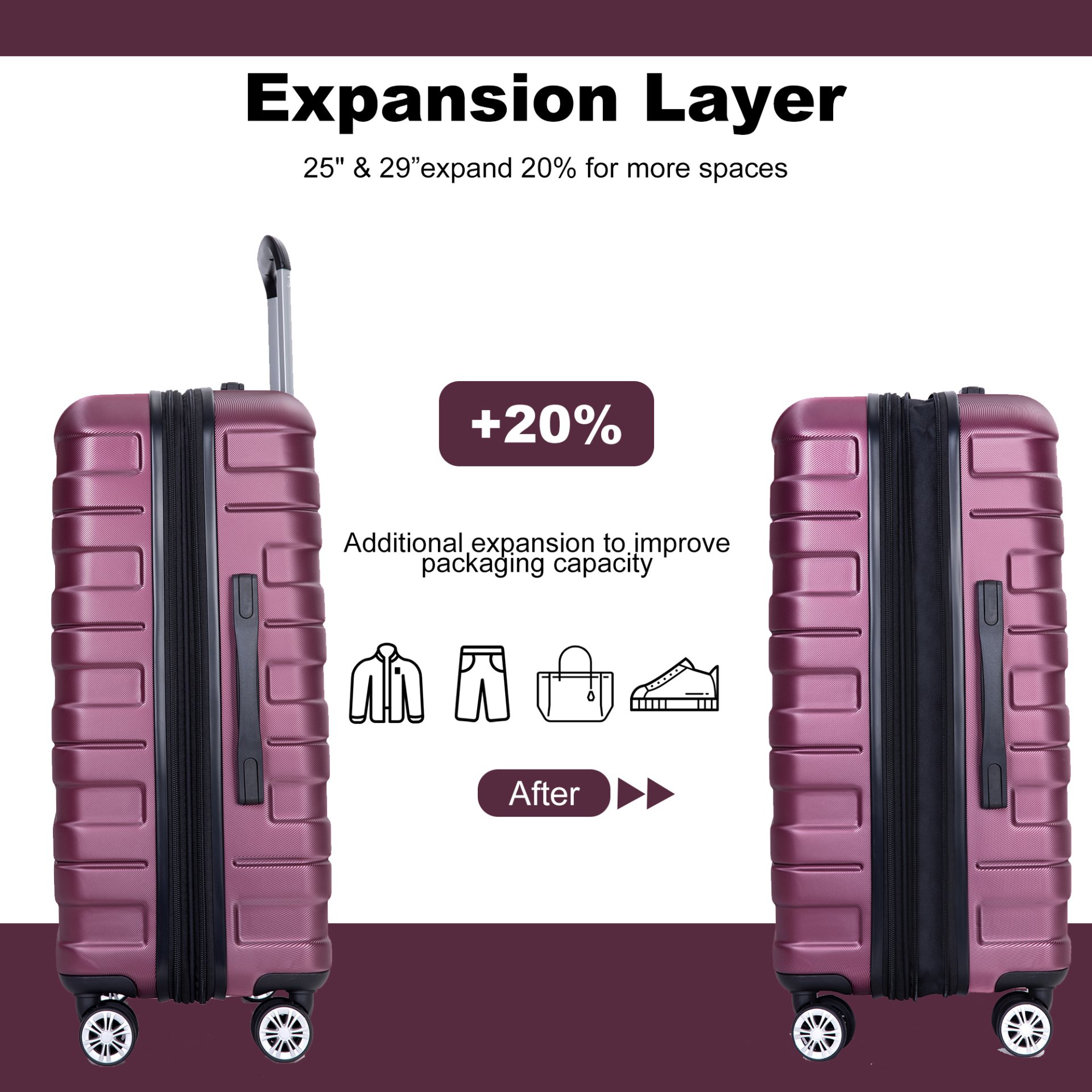 Luggage Set Of 5 Pieces, Expandable Hard Pc Luggage Set With Tsa Lock For Rotating Wheels, Lightweight Rolling Luggage - Wine Red - Image 6