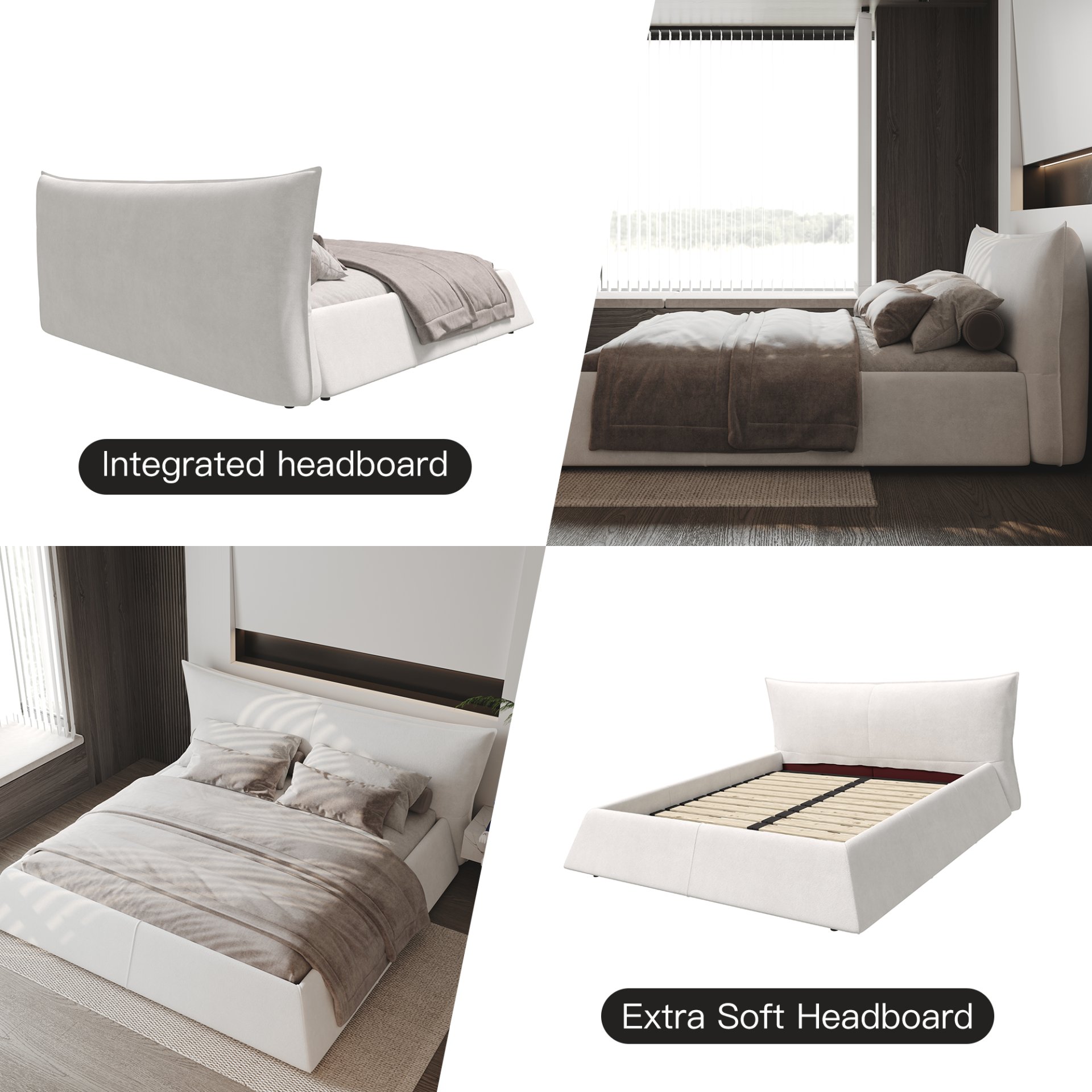 King Size Platform Bed With Special-Shaped Headboard - Cream - Image 16