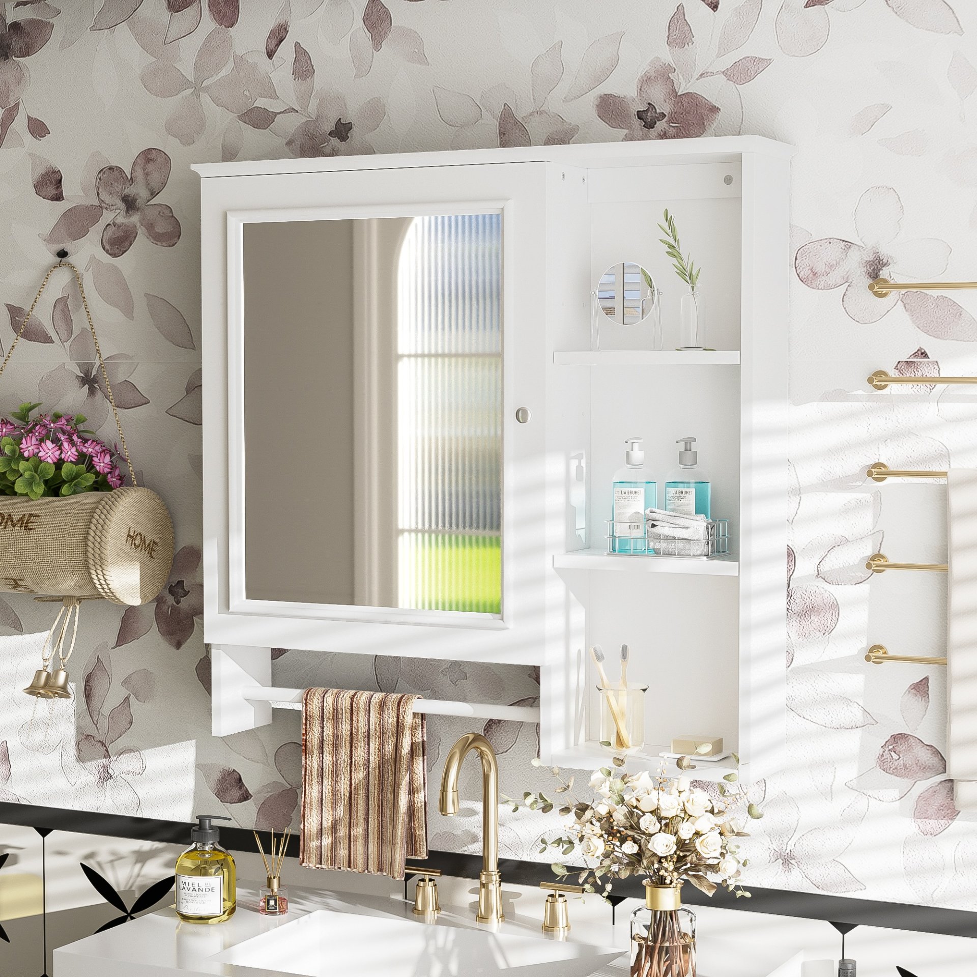 Wall Mounted Bathroom Storage Cabinet, Medicine Cabinets With Large Mirror Door, Adjustable Shelves And Three Open Storage Levels(Not Include Bathroom Vanity) - White - Image 4