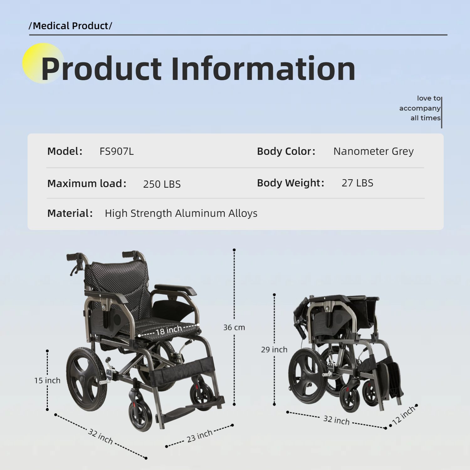 Lightweight Foldable Transport Wheelchair Square Tube Design Double Brakes Adjustable Seat & Armrest Breathable Cushion Anti Backflip 250Lbs Capacity 15" Tires - Black / Gray - Image 11