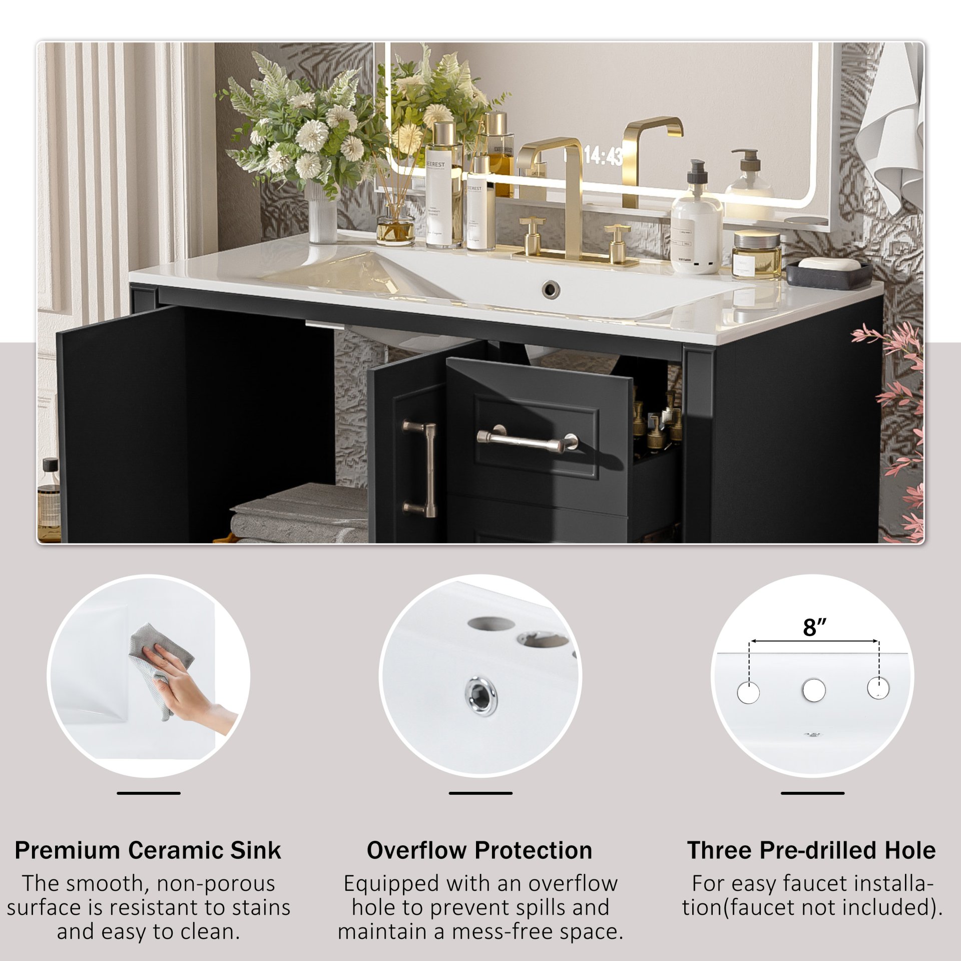 Traditional 36" Bathroom Vanity With Sink And Cabinet With Soft Close Doors And Drawers - Black - Image 8