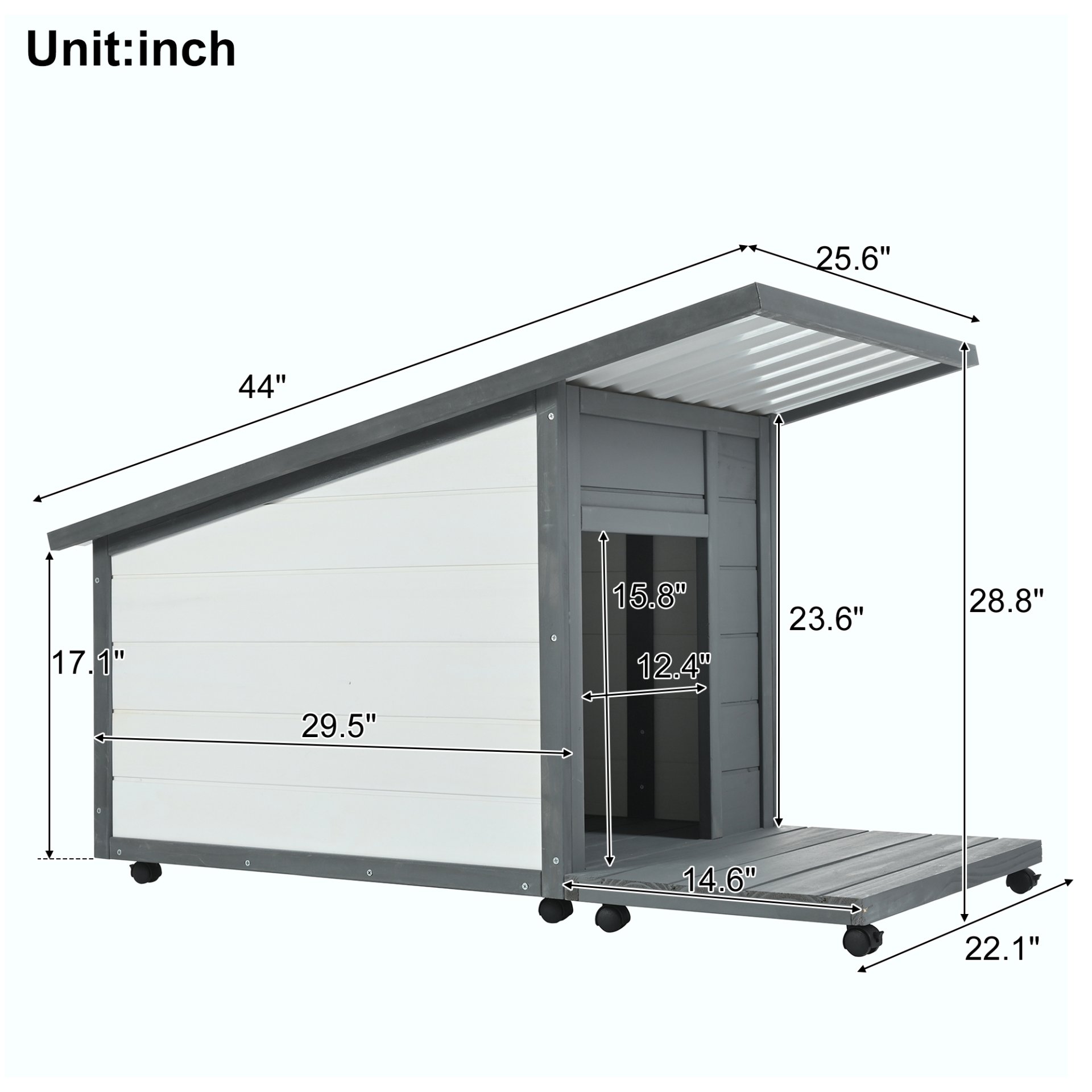 Modern Design Outdoor Dog House With Food Bowl And Wheels Pine - Gray / White - Image 5