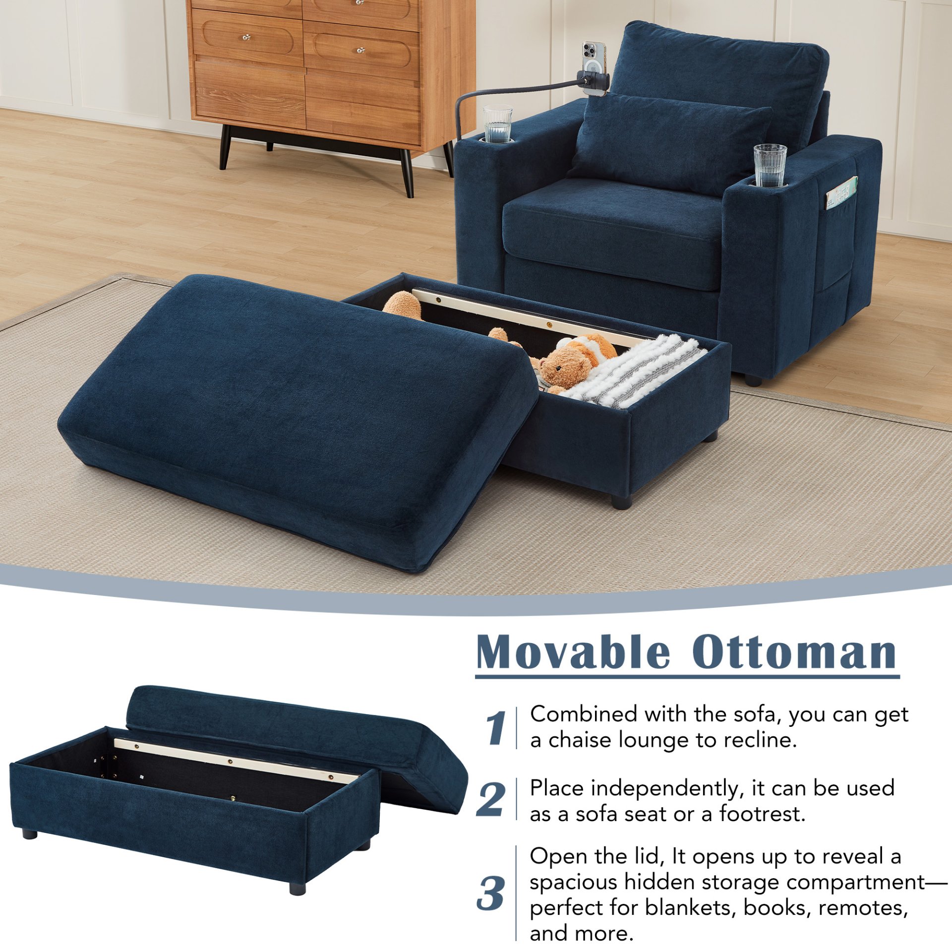 Modern Style Armchair Chaise Lounge Sofa Couch With Movable Storage Ottoman, USB Ports, Cup Holders, Phone Holder, Side Pockets - Blue - Image 5