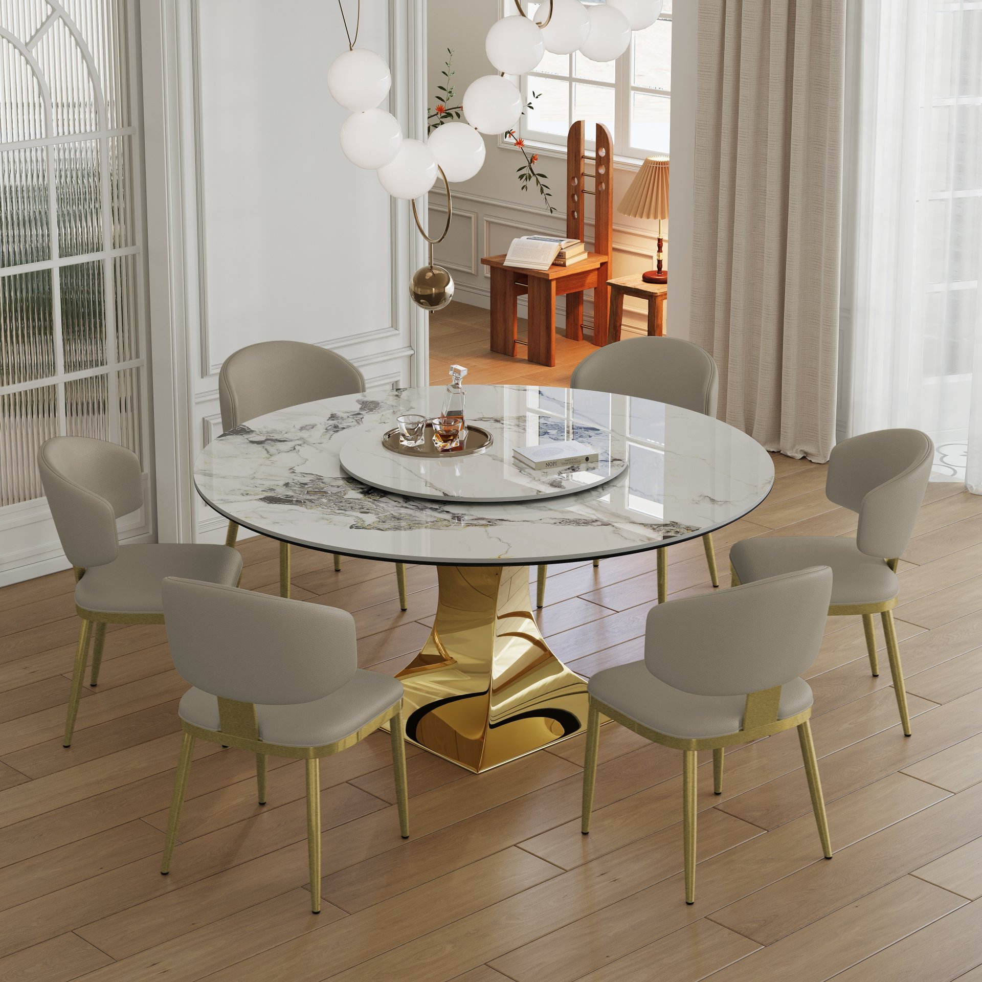 Luxury Round 59" Sintered Stone Dining Table With Stainless Steel Hourglass Base, Scratch & Heat Resistant Surface - Golden / White - Image 13
