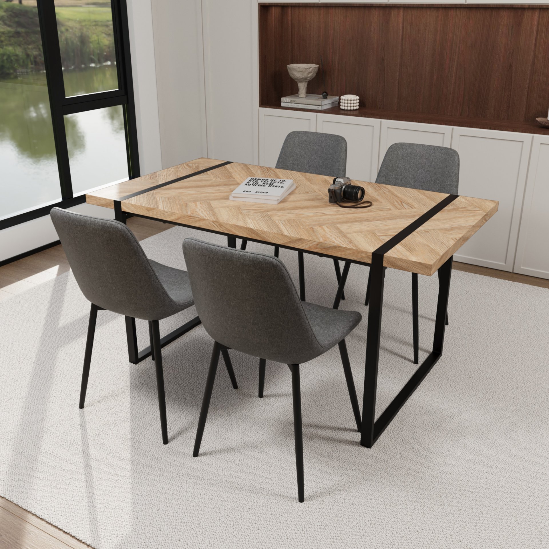 Modern Dining Table Set With Suede Chairs, Rectangular Metal Base, 4 Piece - Gray / Brown - Image 5