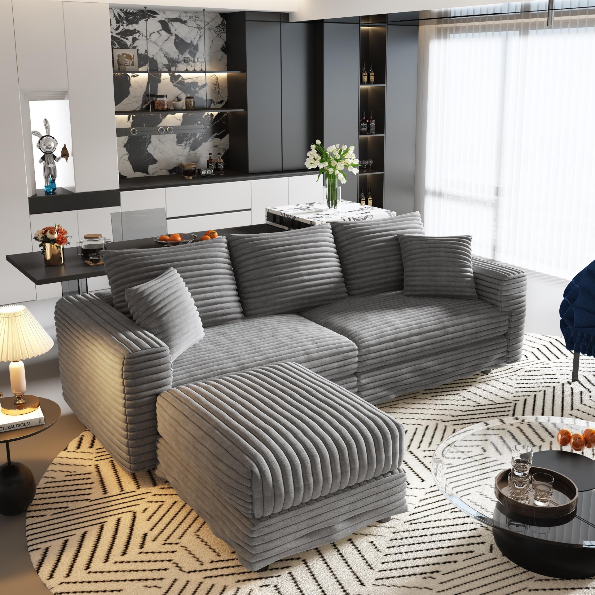 3 Seat Sofa, Deep Seat Couches With Soft Pillows And 1 Ottomans, Convertible Sofa Lounge Chair, For Living Room - Gray - Image 5