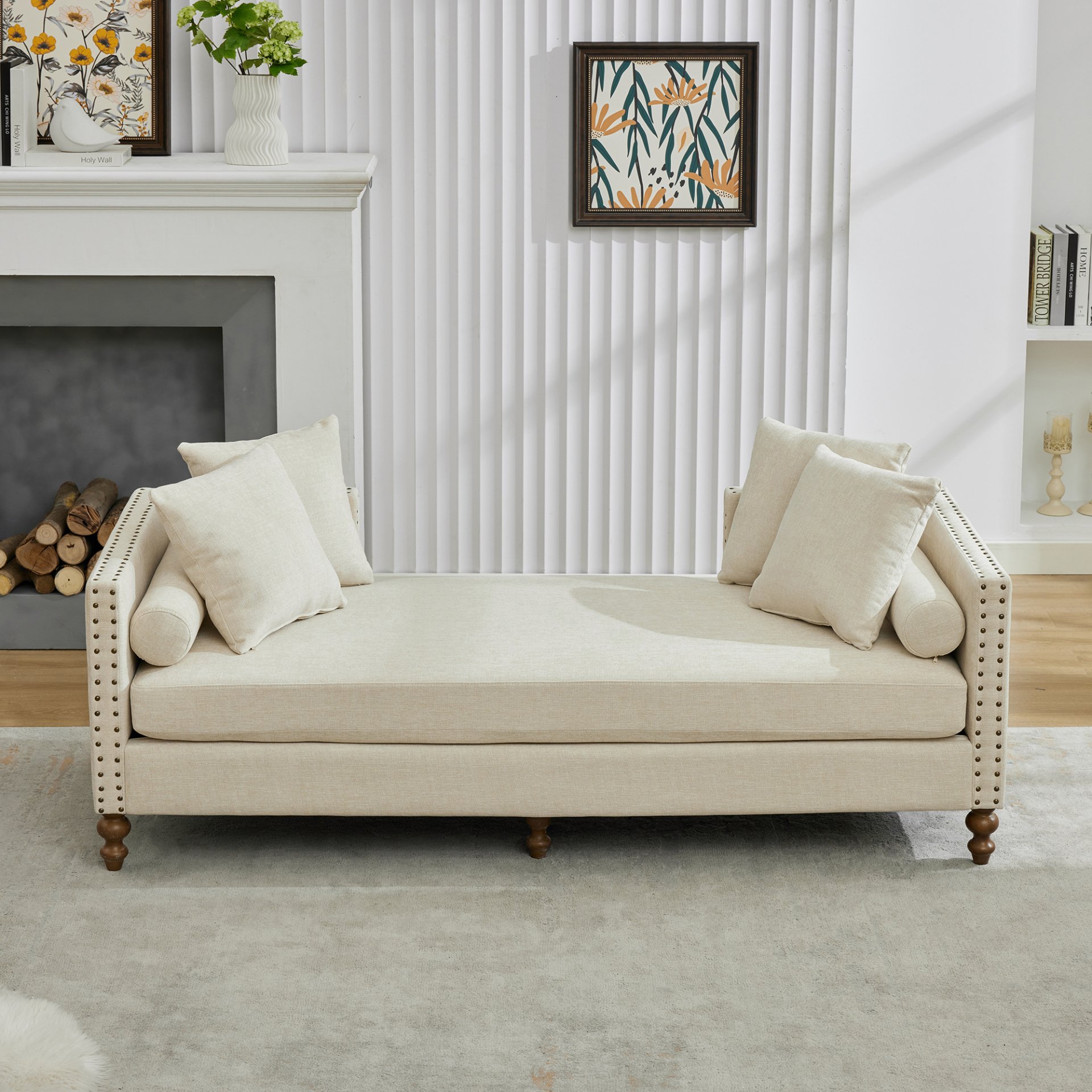 Chenille Upholstered Chaise Lounge With Nailheads, Sleeper Sofa Couch With 4 Throw Pillows & 2 Bolsters, Daybed With Rubberwood Legs - Beige - Image 5