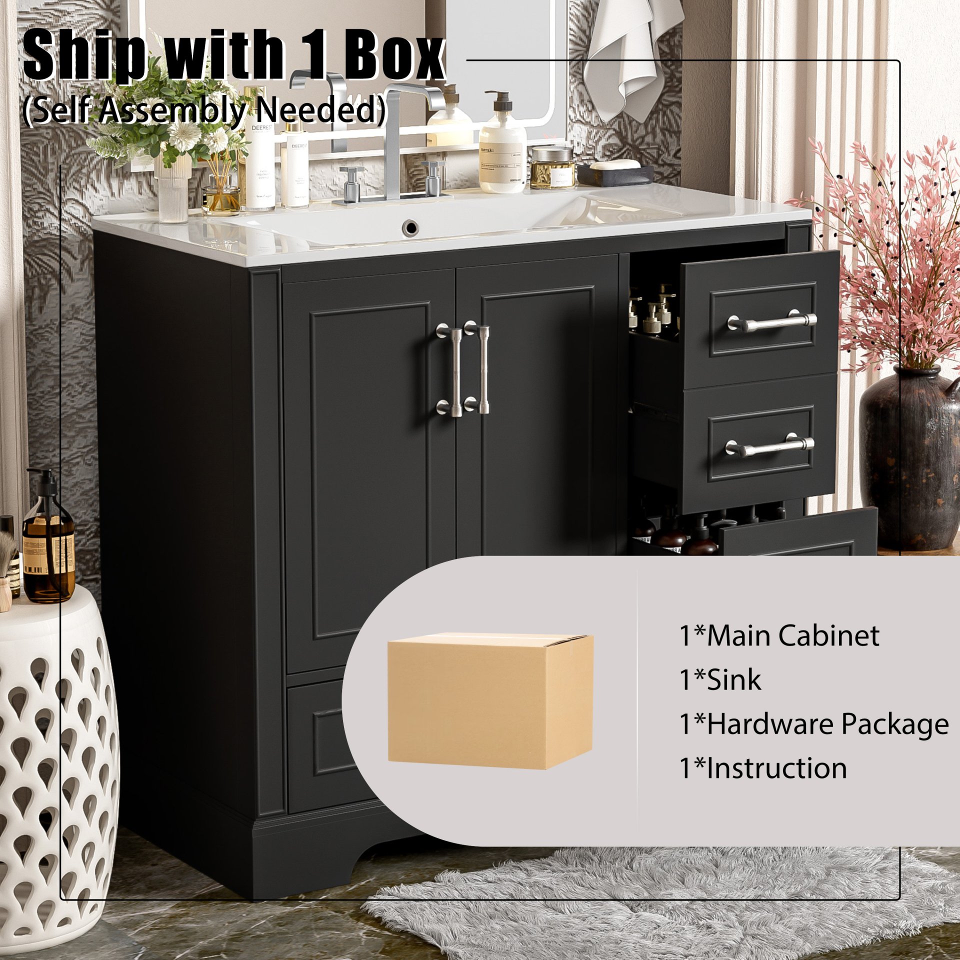 Traditional 36" Bathroom Vanity With Sink And Cabinet With Soft Close Doors And Drawers - Black - Image 10