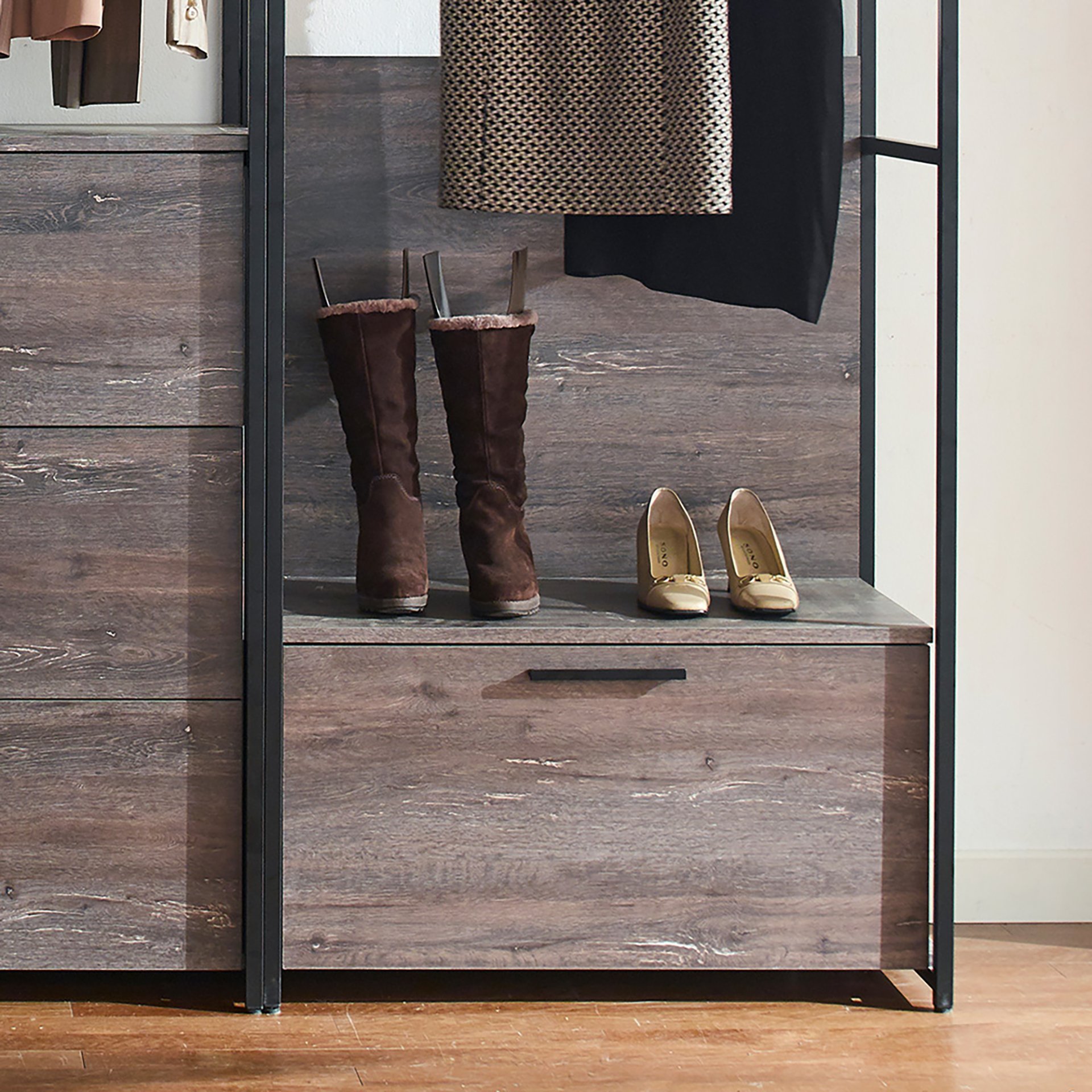 Monica - Wood Walk In Closet System With Powder Coated Metal Frame And Melamine - Rustic - Image 9