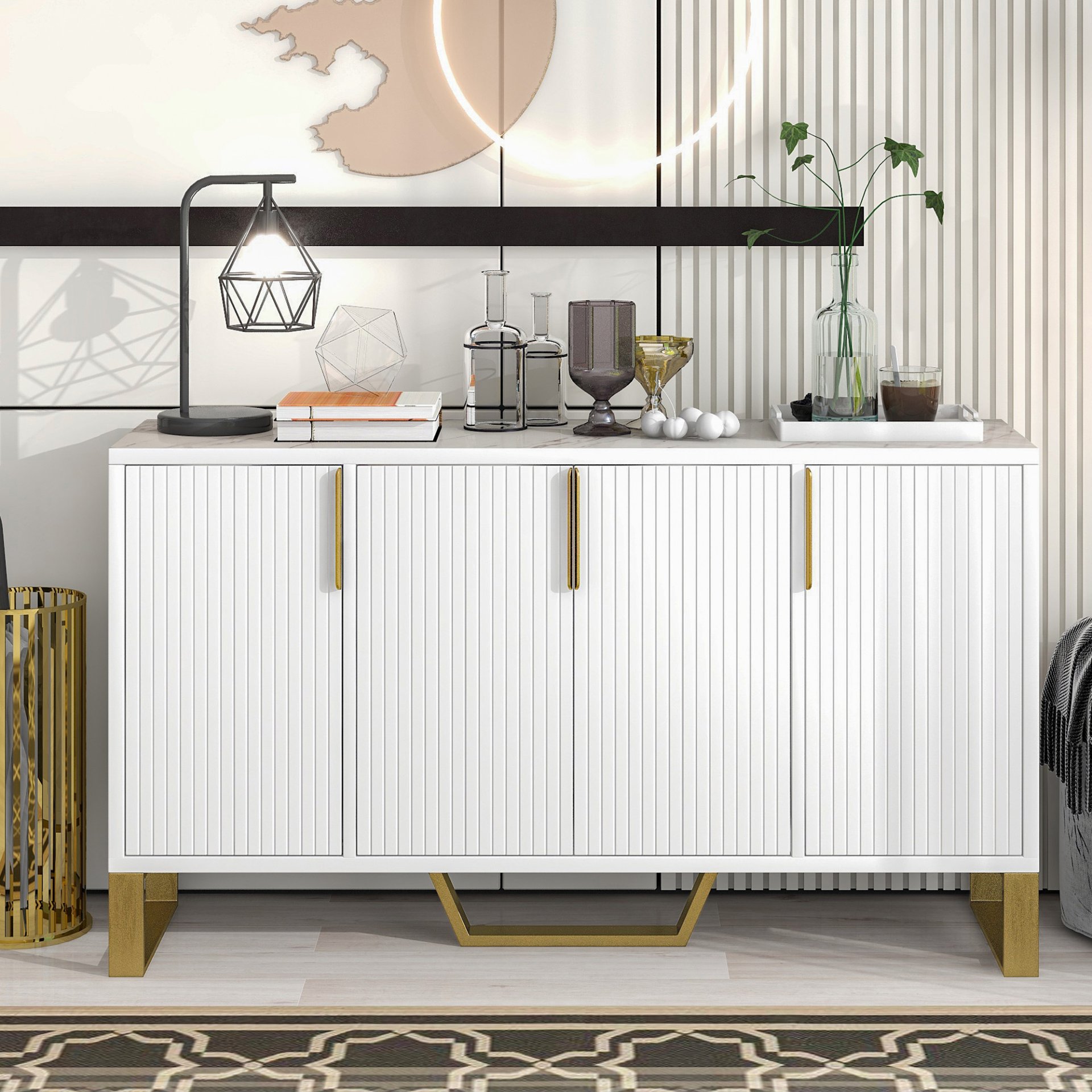 Modern Sideboard With Four Doors, Metal Handles & Legs And Adjustable Shelves Kitchen Cabinet - White - Image 2