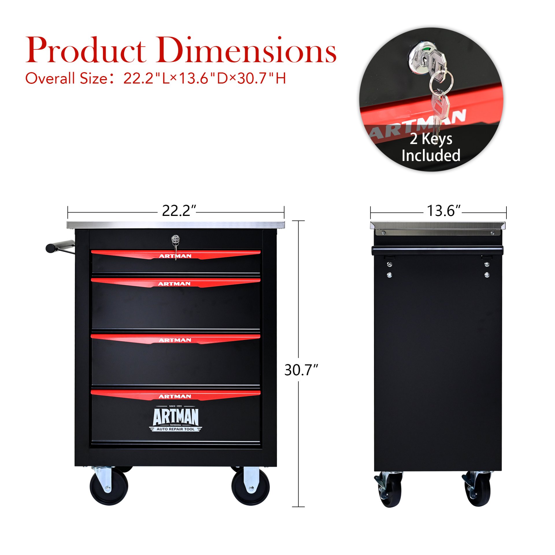 4 Drawer Multifunctional Tool Cart With Wheels, Metal Rolling Tool Cart Storage For Garage Workshop Warehouse Repair Shop With Stainless Steel Roof - Black / Red - Image 3