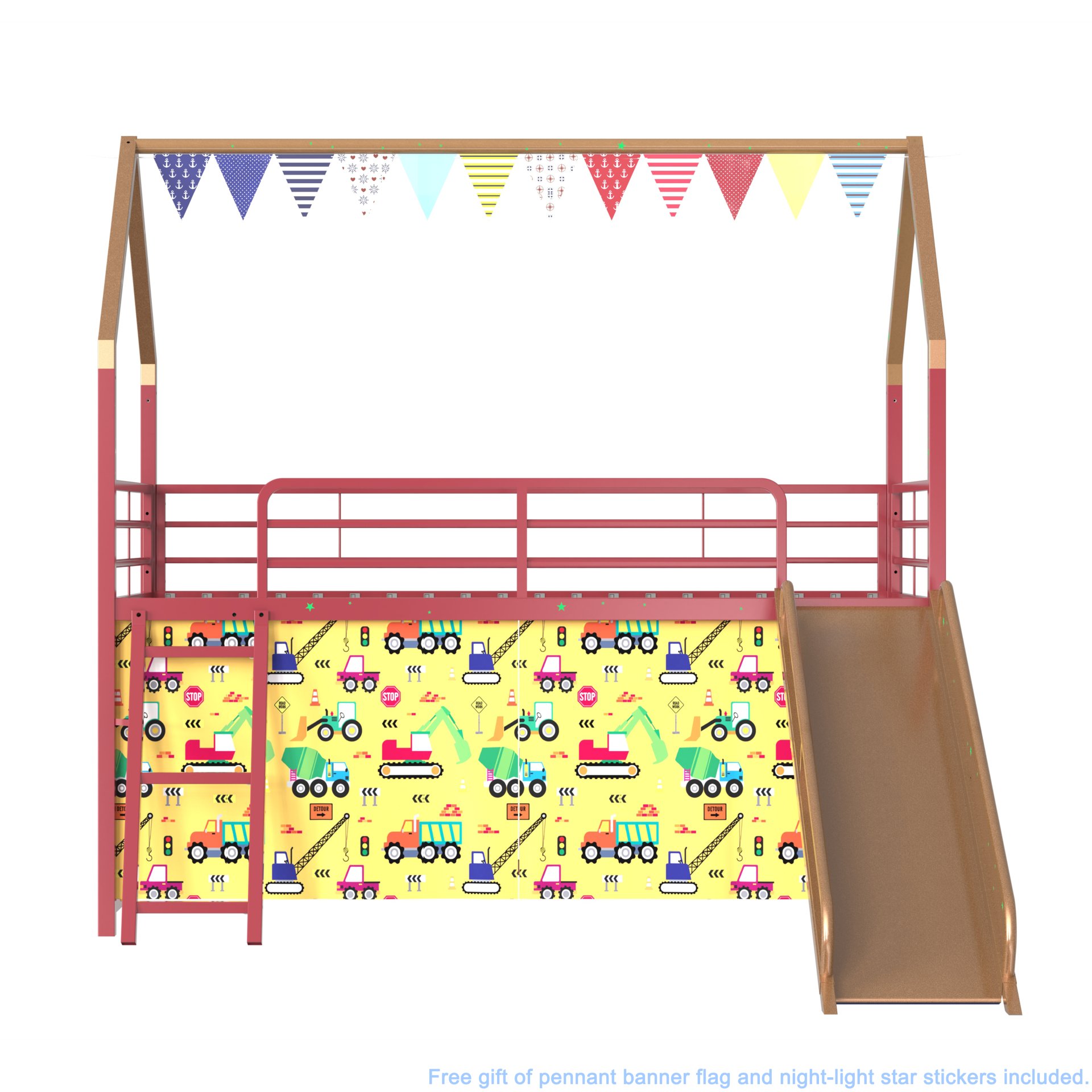 Jack - House Twin Loft Bed With Slide And Curtain Set, Superhero - Gold - Image 10