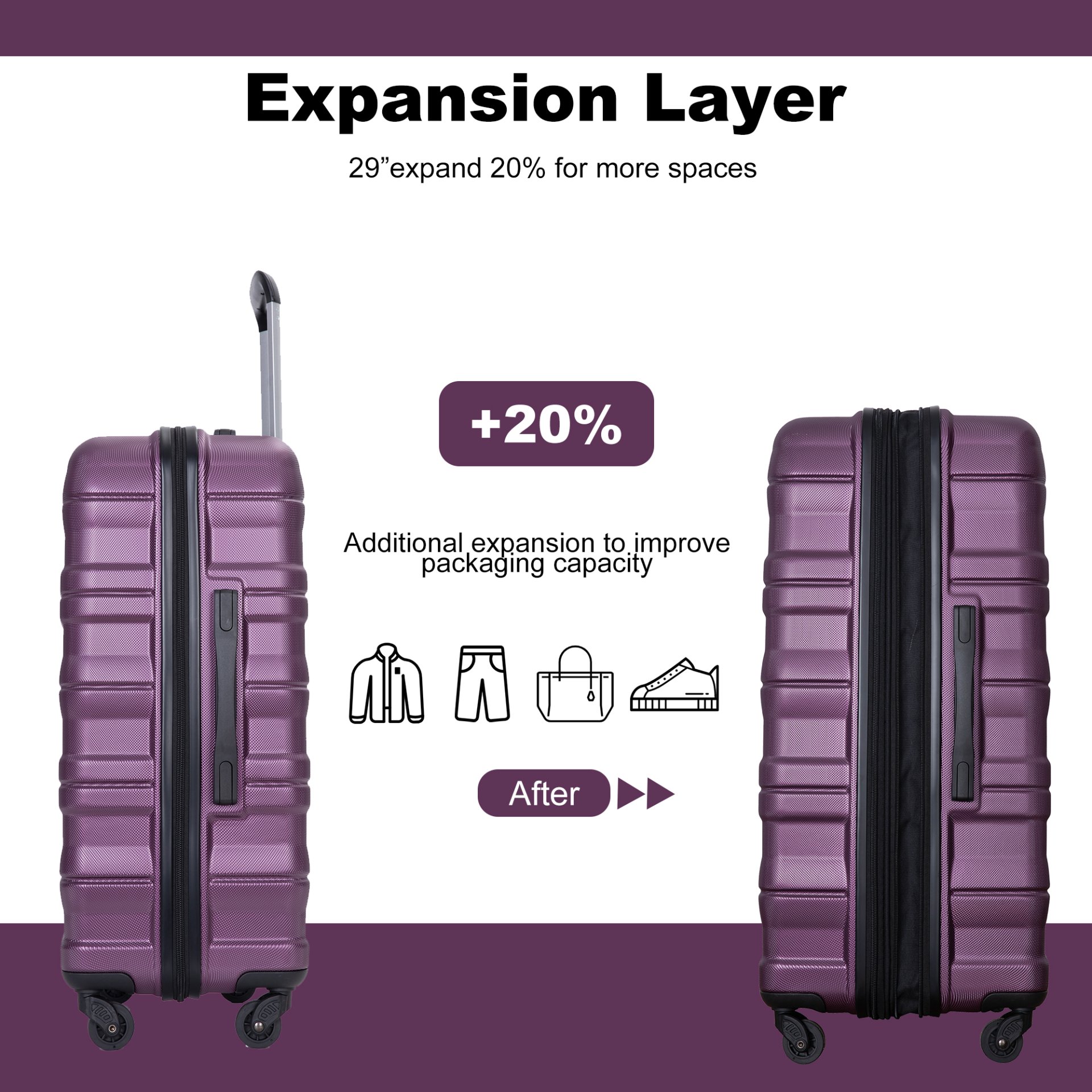 Expandable 3 Piece Luggage Sets Pc Lightweight & Durable Suitcase With Two Hooks, Spinner Wheels, Tsa Lock, (21/25/29) - Dark Purple - Image 4