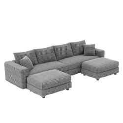 Plush Corduroy 4 Seat Sofa, Modern Comfy Upholstered Sofa Cloud Couch, Deep Seat Couches With Soft Pillows And 2 Ottomans, Convertible Sofa Lounge Chair, For Living Room, Apartment, Office - Gray
