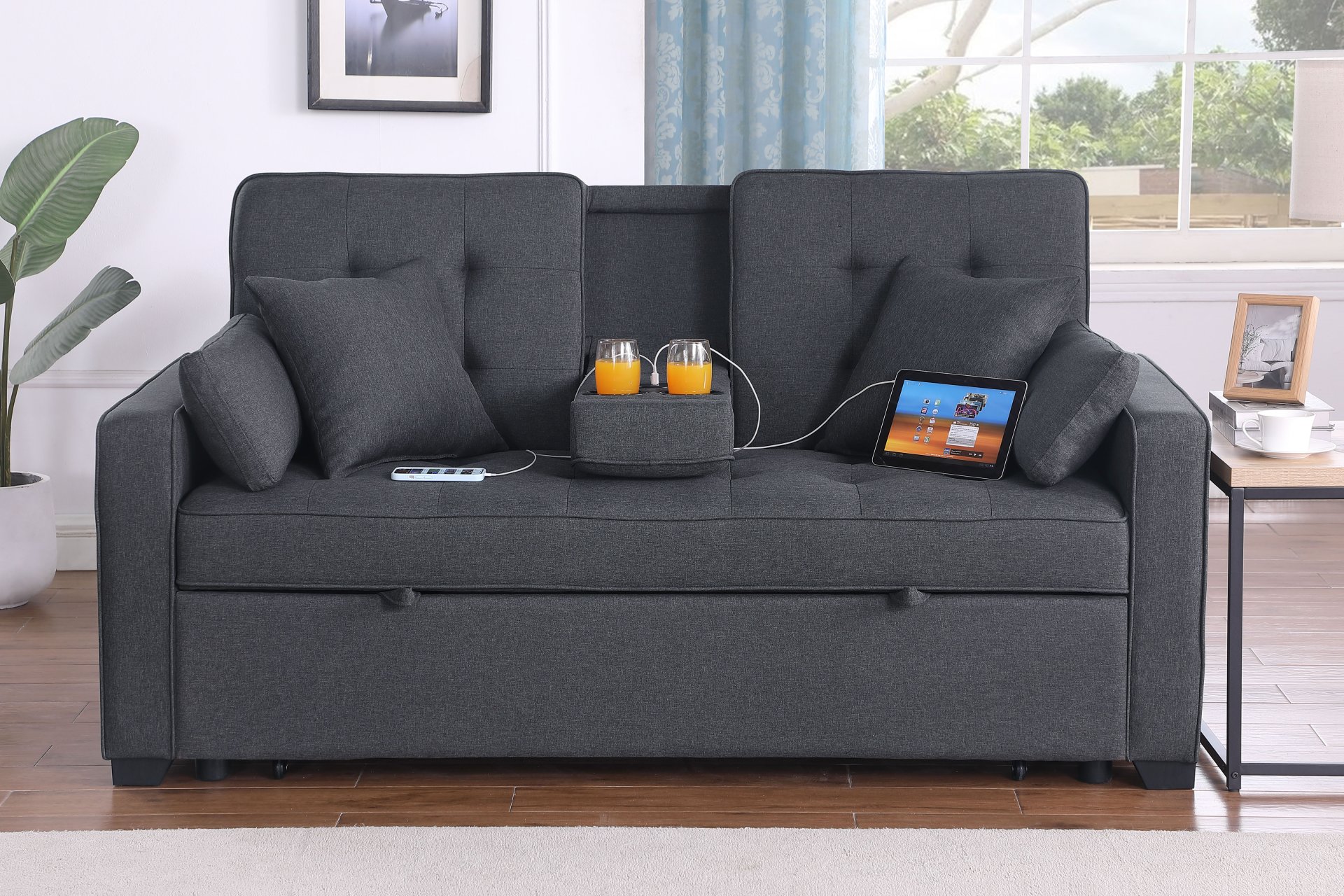 Cody II - Convertible Sleeper Loveseat With Cup Holder, Charging Ports and Pocket - Dark Gray - Image 4
