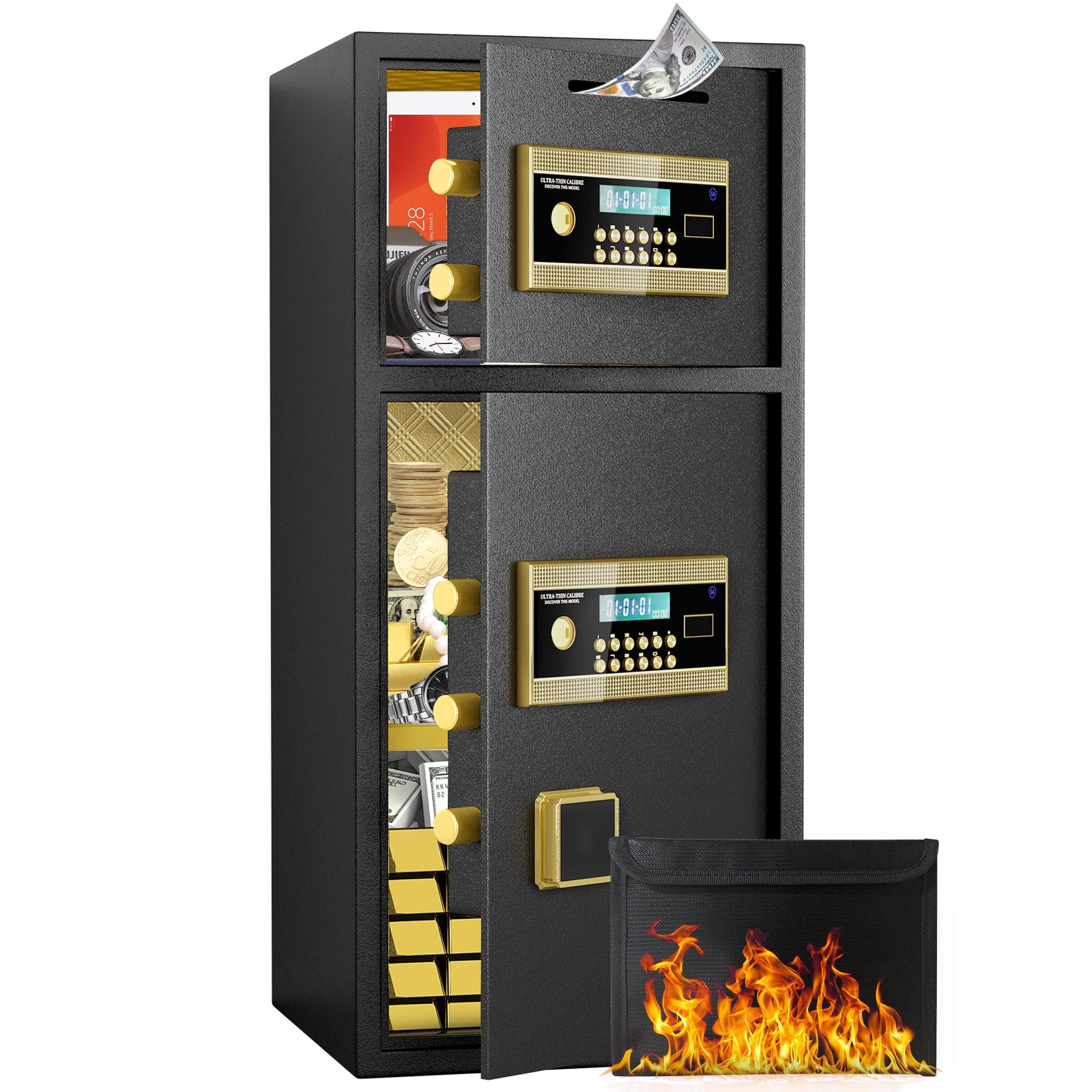 Large Double Door Coin Operated Safe, Digital Security Safe With Fireproof And Waterproof Bag, 7.0 Cubic Feet Safe Box With Hidden Code Function For Home, Office And Hotel - Black - Image 2