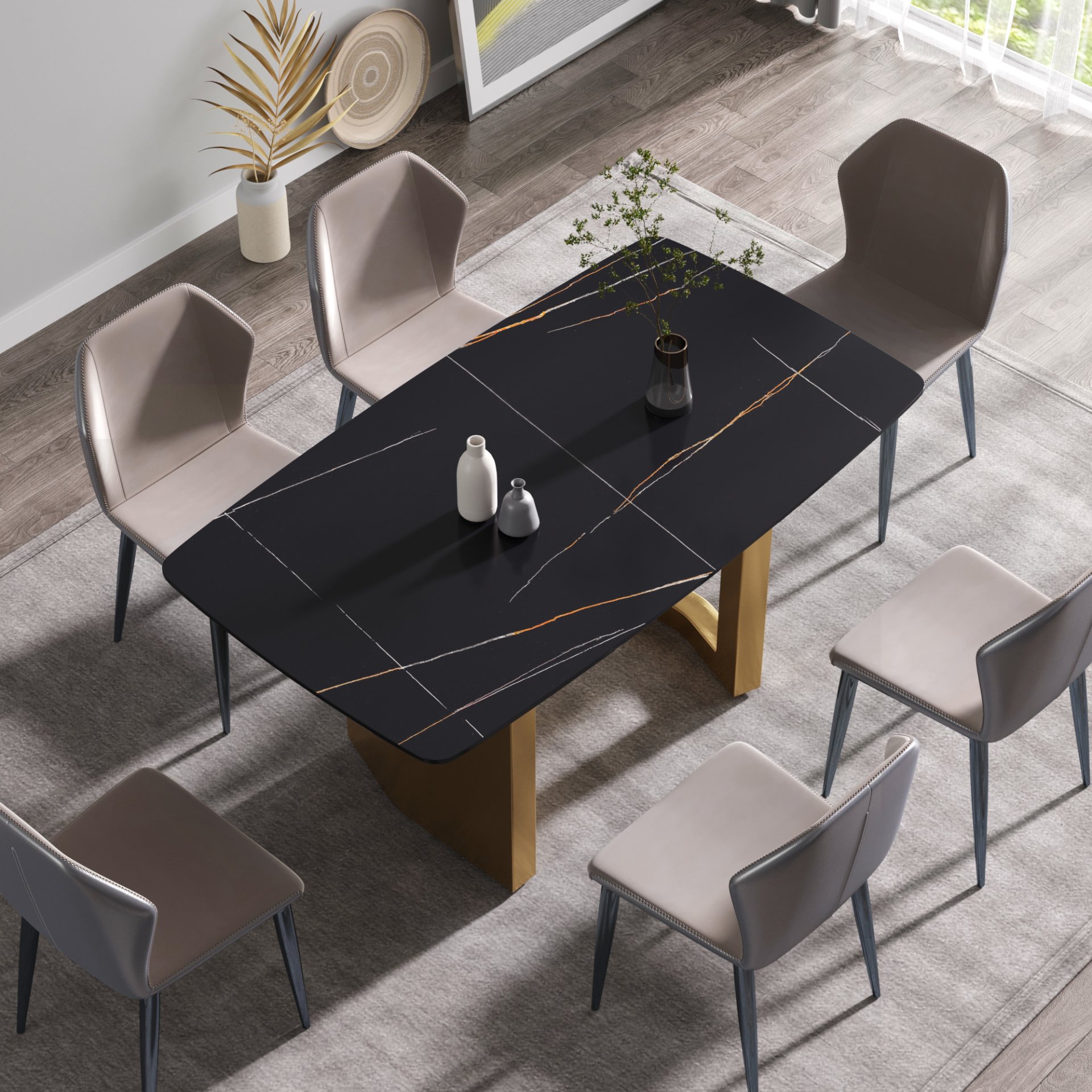 63" Artificial Stone Curved Golden Metal Leg Dining Table, 6 People - Black / Gold - Image 4