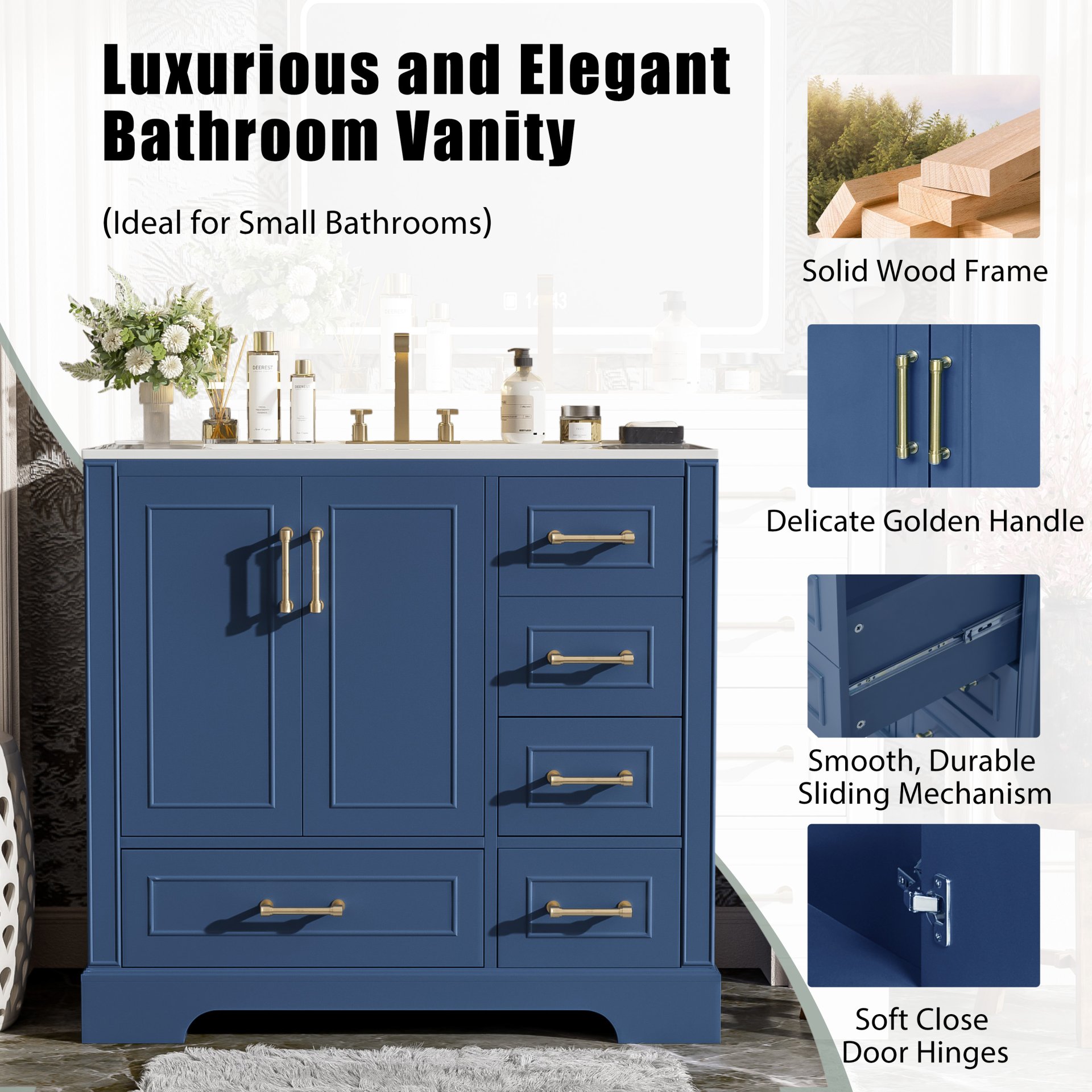 Traditional 36" Bathroom Vanity With Sink, Cabinet With Soft Close Doors And Drawers - Blue - Image 6